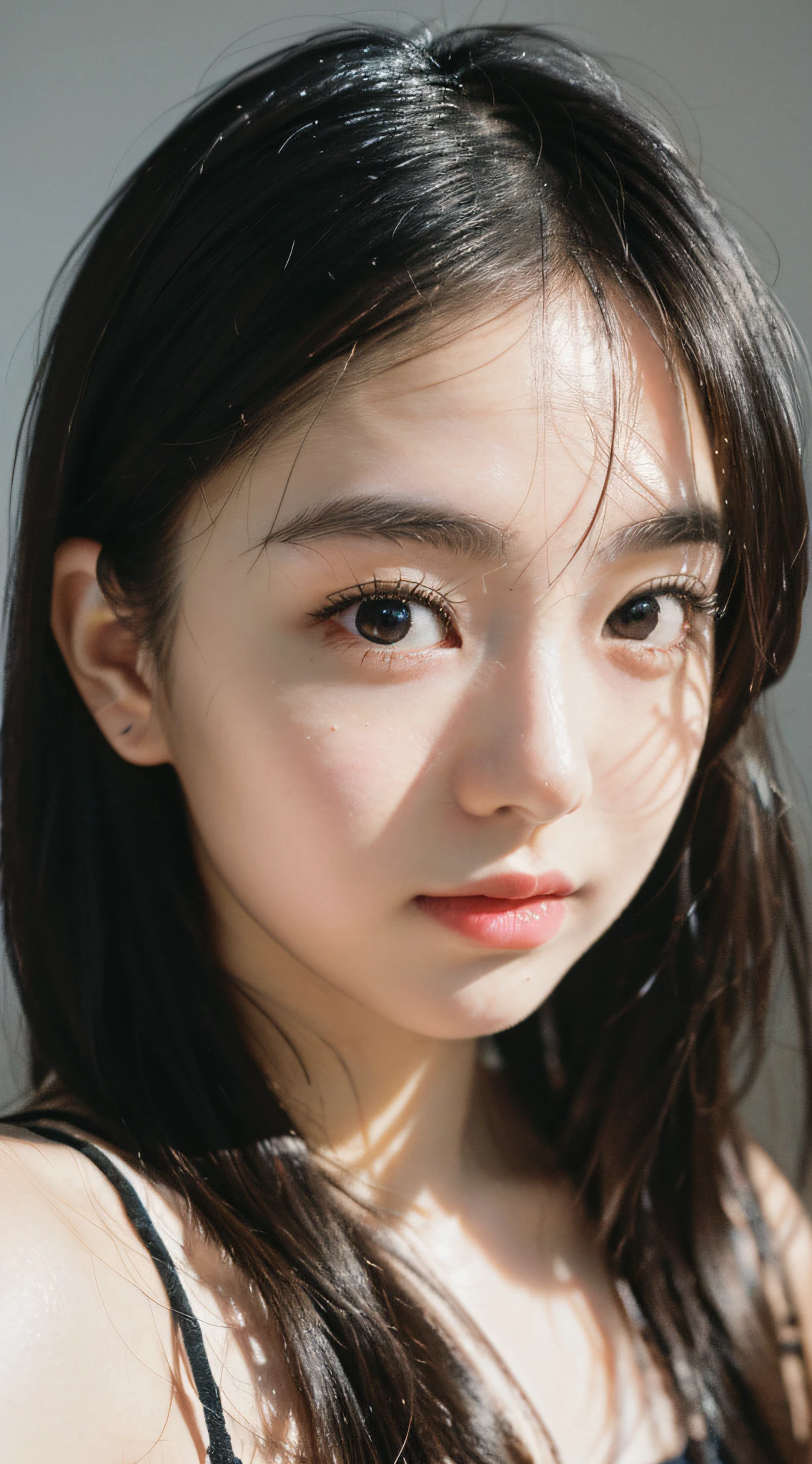 Best Quality, Masterpiece, Ultra High Resolution, (Realistic: 1.4), Original Photo, Head Photo, Skin, Simple Background, Black Eyes, Detail, Selfie, 1 Girl, , Cute, Discharged
