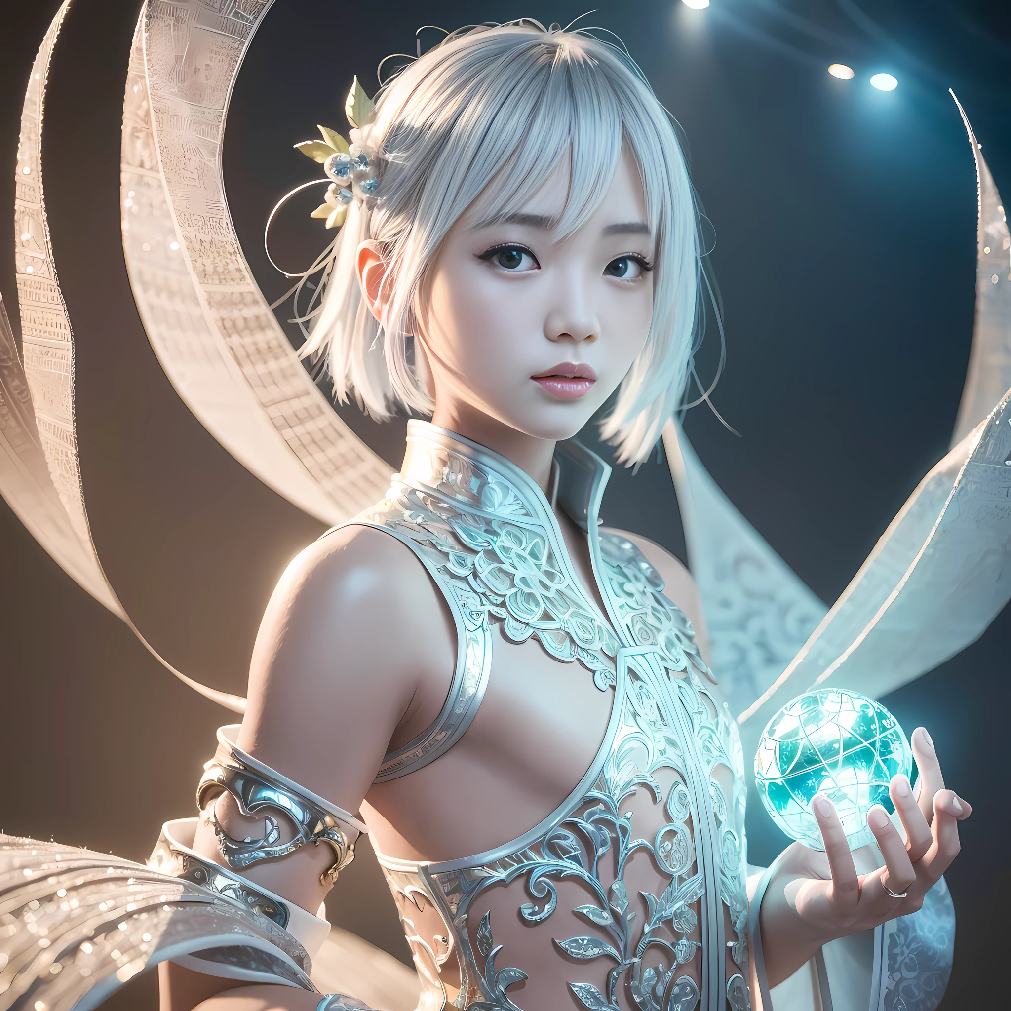 A short hair Chinese boy, fairy man, full body, cool style, traditional Chinese elements, white Hanfu, silver hair, three-dimensional facial features, stunning, gorgeous, oriental fantasy, Chinese mythology, 3D, Vray rendering, Surrealism, bokeh, low angle shooting, cinematic style, cinematicism, realism, surrealism, Vray rendering, white space, ltra detailed, in the style of realistic depiction of light, high detail on light and shadows throughout, intricate details, surreal, hypermaximalist, white studio background, luminous, iridescent, shimmering, Canon EOS - ID mark III --ar 4:5 -- upbeta --style raw, hasselblad, ray tracing, Social realism, Surrealism, 8k