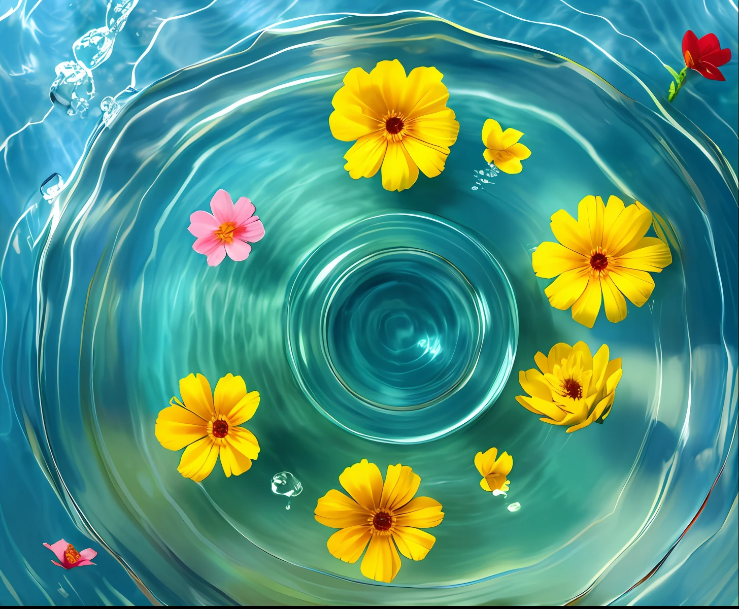 A Lanc ô me skin care product placed in the center of the water , surrounded by several petals
