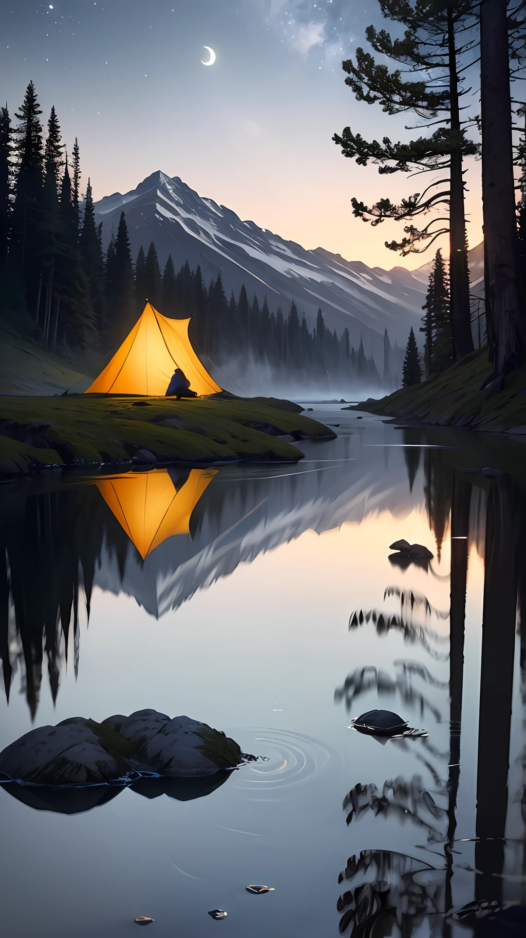 masterpiece, best quality, ultra-detailed, illustration, 1girl, solo, outdoors, camping, night, mountains, nature, stars, moon, bonfire, tent, twin ponytails, green eyes, cheerful, happy, backpack, sleeping bag, camping stove, water bottle, mountain boots, gloves, sweater, hat, flashlight, forest, rocks, river, wood, smoke, shadows, contrast, clear sky, constellations, Milky Way, peaceful, serene, quiet, tranquil, remote, secluded, adventurous, exploration, escape, independence, survival, resourcefulness, challenge, perseverance, stamina, endurance, observation, intuition, adaptability, creativity, imagination, artistry, inspiration, beauty, awe, wonder, gratitude, appreciation, relaxation, enjoyment, rejuvenation, mindfulness, awareness, connection, harmony, balance, texture, detail, realism, depth, perspective, composition, color, light, shadow, reflection, refraction, tone, contrast, foreground, middle ground, background, naturalistic, figurative, representational, impressionistic, expressionistic, abstract, innovative, experimental, unique