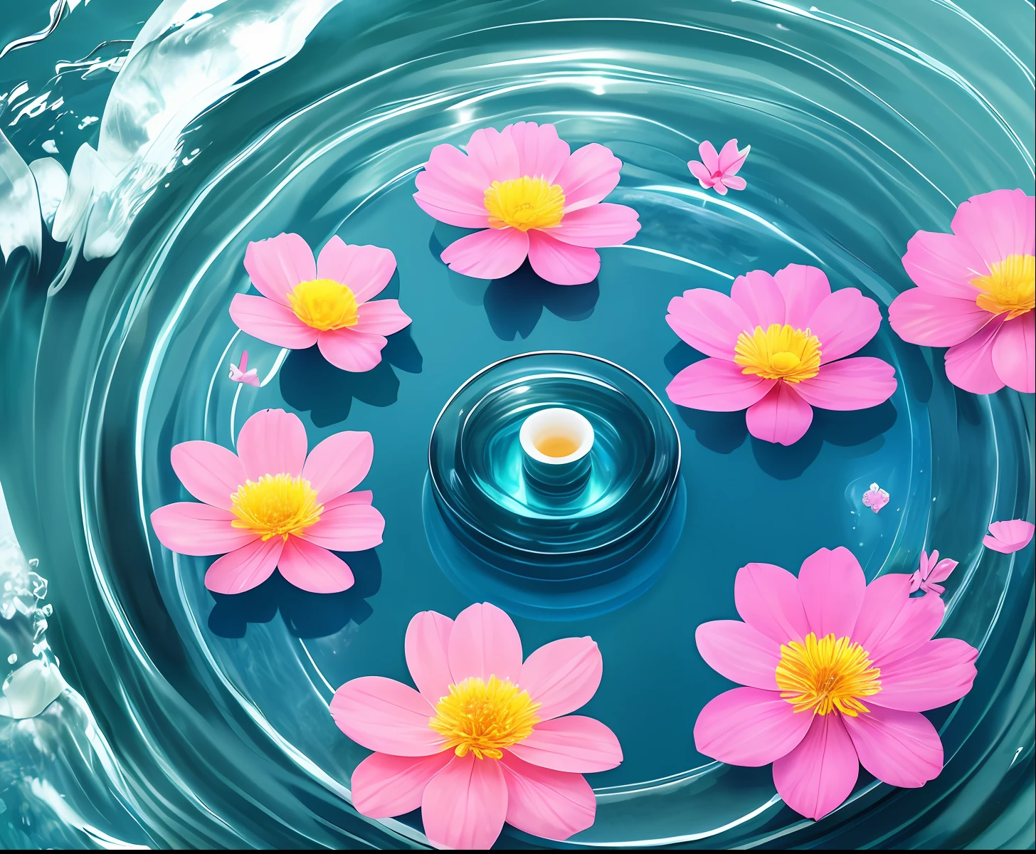 A Lanc ô me skin care product placed in the center of the water , surrounded by several petals