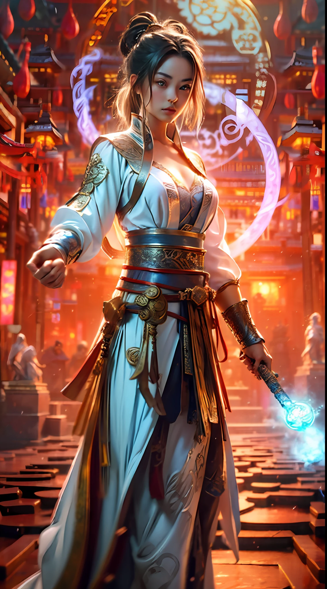 Best quality,masterpiece,ultra high res,(photorealistic:1.4),xiuxian,weapon,Detailed face, 1girl,solo,weapon,cleavage,magic circle,xiuxian,upper body,Beautiful girl,full body,east asian architecture,sheath,architecture --auto --s2