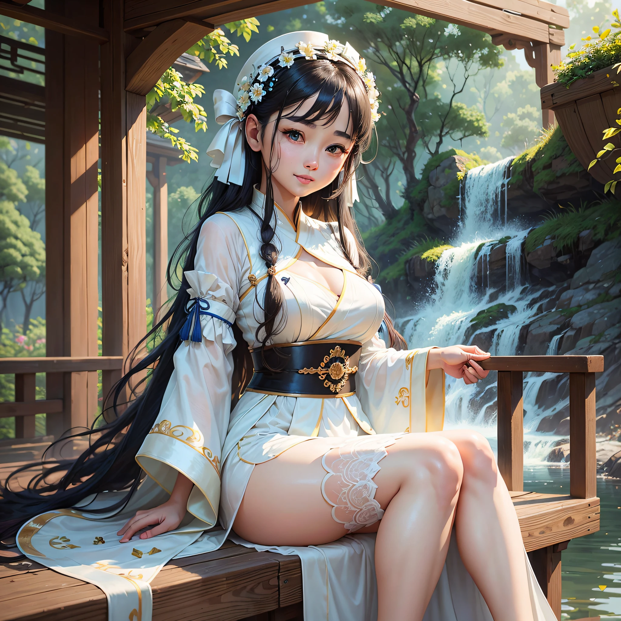 best quality,masterpiece,illustration,an extremely deciple and beautiful,extremely detailed,CG,unity,8k wallpaper,Amazing,finely detail,master,best quality,official art, extremely detailed CG unity 8k wallpaper, ridiculous, incredibly ridiculous, huge file size, super detailed, high resolution, very detailed, pretty detailed girl, very detailed eyes and face, beautiful detailed eyes, light on face, (Hanfu: 1.1), 1girl, full body, full body In a beautiful pavilion, a girl with black hair and white dress, white knee-length stockings sitting on a stone bench, looking at the blue sky and white clouds in the sky. A gentle breeze ruffled her hair. The water splashed from the waterfall behind him, wetting the skirt. The sun shone on her, she smiled, wet, she was sexy --auto --s2