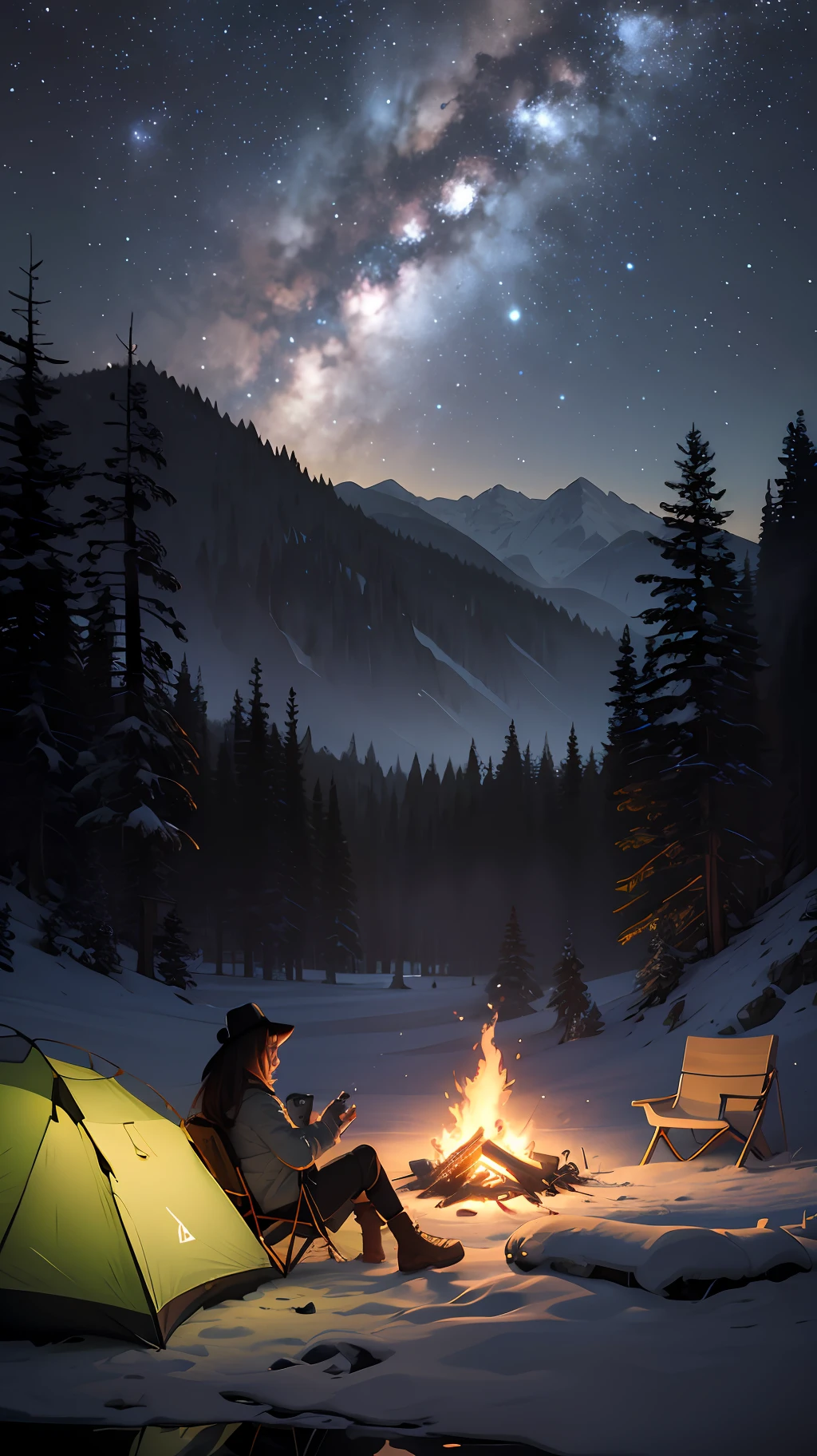 masterpiece, best quality, ultra-detailed, illustration, 1girl, solo, outdoors, camping, night, mountains, nature, stars, moon, bonfire, tent, twin ponytails, green eyes, cheerful, happy, backpack, sleeping bag, camping stove, water bottle, mountain boots, gloves, sweater, hat, flashlight, forest, rocks, river, wood, smoke, shadows, contrast, clear sky, constellations, Milky Way, peaceful, serene, quiet, tranquil, remote, secluded, adventurous, exploration, escape, independence, survival, resourcefulness, challenge, perseverance, stamina, endurance, observation, intuition, adaptability, creativity, imagination, artistry, inspiration, beauty, awe, wonder, gratitude, appreciation, relaxation, enjoyment, rejuvenation, mindfulness, awareness, connection, harmony, balance, texture, detail, realism, depth, perspective, composition, color, light, shadow, reflection, refraction, tone, contrast, foreground, middle ground, background, naturalistic, figurative, representational, impressionistic, expressionistic, abstract, innovative, experimental, unique