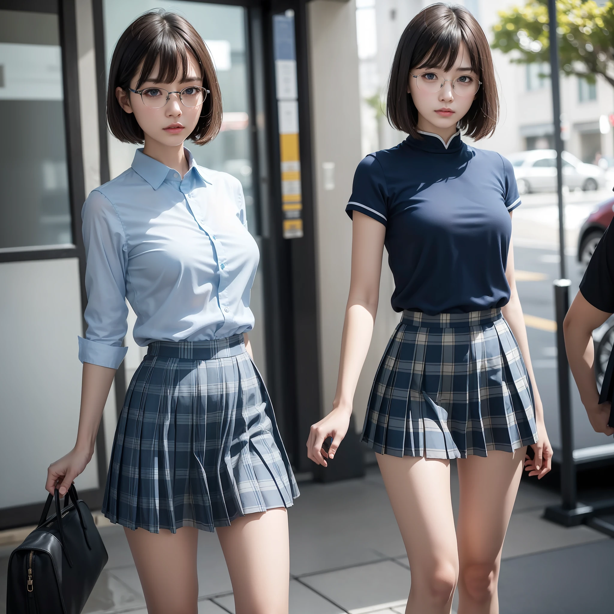 (8K, RAW Photo, Best Quality, Masterpiece: 1.2),Short Hair,Solo,Glasses,Chinese Woman,Standing,Tight Eyes,Thin,Gritty,Angry,Small,Flat Breasts (Realistic, Photorealistic:1.37), Best Quality, Ultra High Resolution, Photon Mapping, Radiosity, Physically Based Rendering, Blur, Foreground, Depth of Field, Blurred Background, Photo_\( Medium), Motion Blur, Girl, (Full) Body), Long Legs, Thin Legs, Medium Hair, Bangs, (Bangs Visible), hair_ornament, Lips, blue_eyes, Nosesoft, China, Light blue shirt, Navy blue and blue and white plaid pleated skirt, Sheer clothing, Black loafers, Tsi-hai, Black cotton socks,