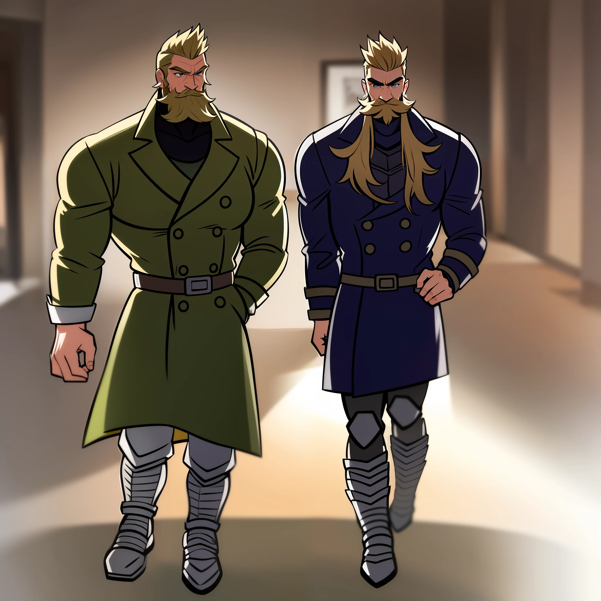 knight, full armor, mustach, mature male, muscular male, walking, blond hair, green eyes, walking, coat