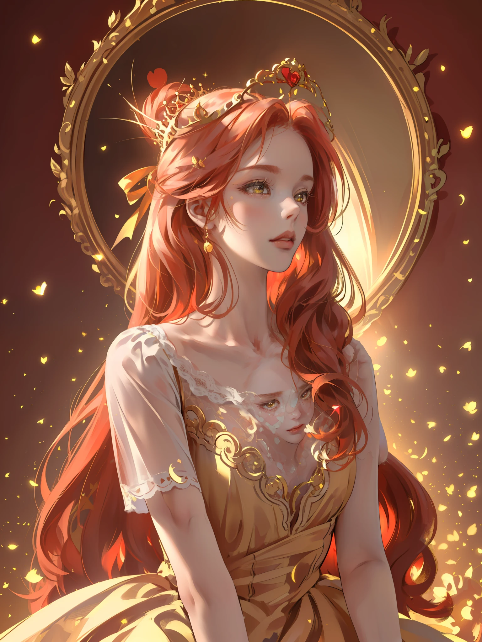(((Masterpiece)), high quality, super detailed, red hair + golden clothing: 1.2, sweet and delicate girl, delicate facial features, perfect body, ta, crown, face with decoration, rose, bright bright colors, pearl white background, romantic long hair, natural light, warm and sweet, golden eyes, gorgeous hair decoration.