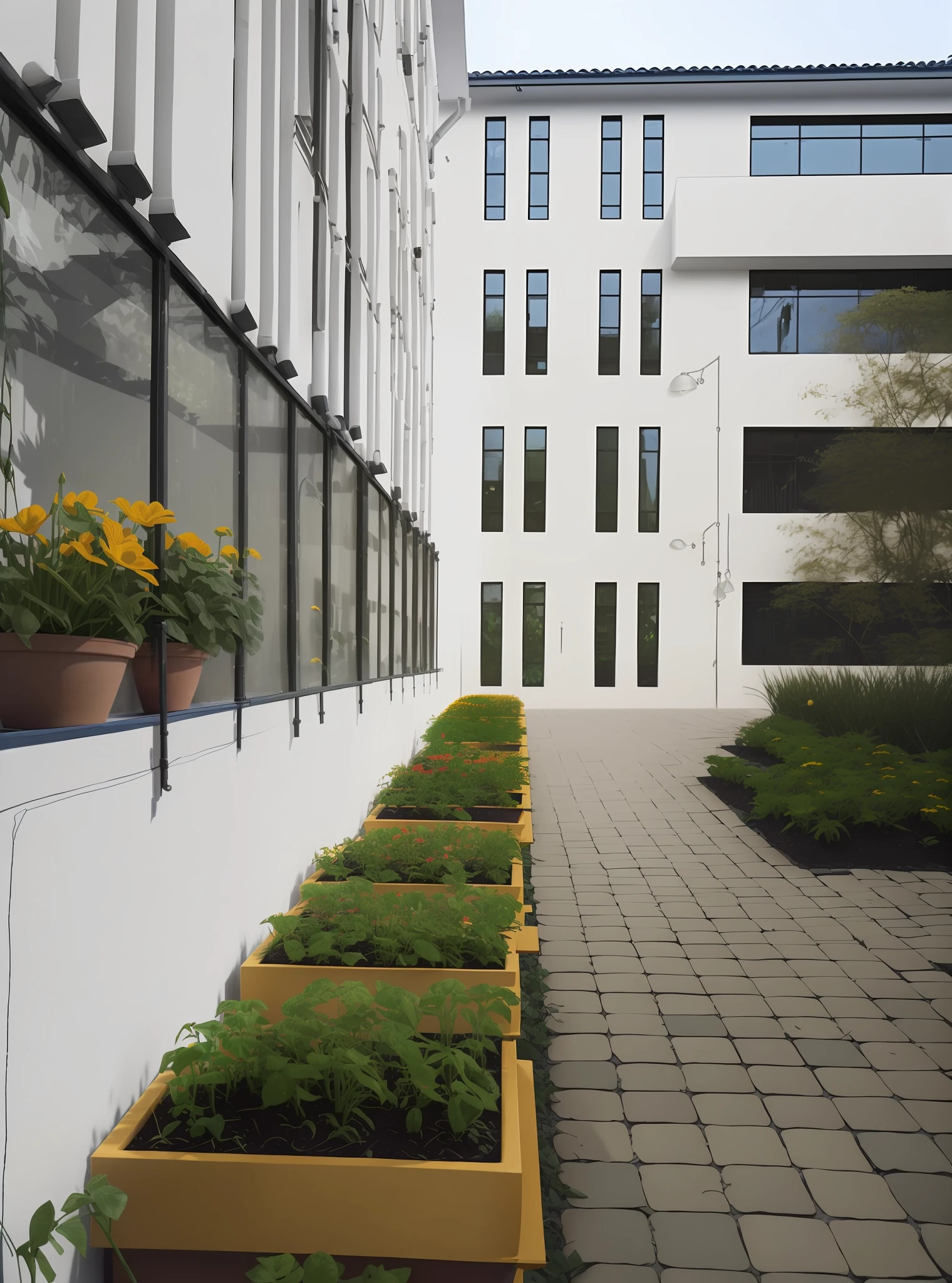 On the other side of the white wall, three layers of stepped pots, bright yellow-red color, with vine plants and flowers attached to the pots, next to  leaning down to study planting. (Highlight effect, beautiful and clear, sharp details) + (rich shadows, soft lighting, excellent atmosphere) + (depth, bokeh background, perspective effect) + (elementary school studentscused action, floral close-up, plant details) + (with sunlight flowing, HD delicate, floral fragrance, verdant grass, beautiful moments)