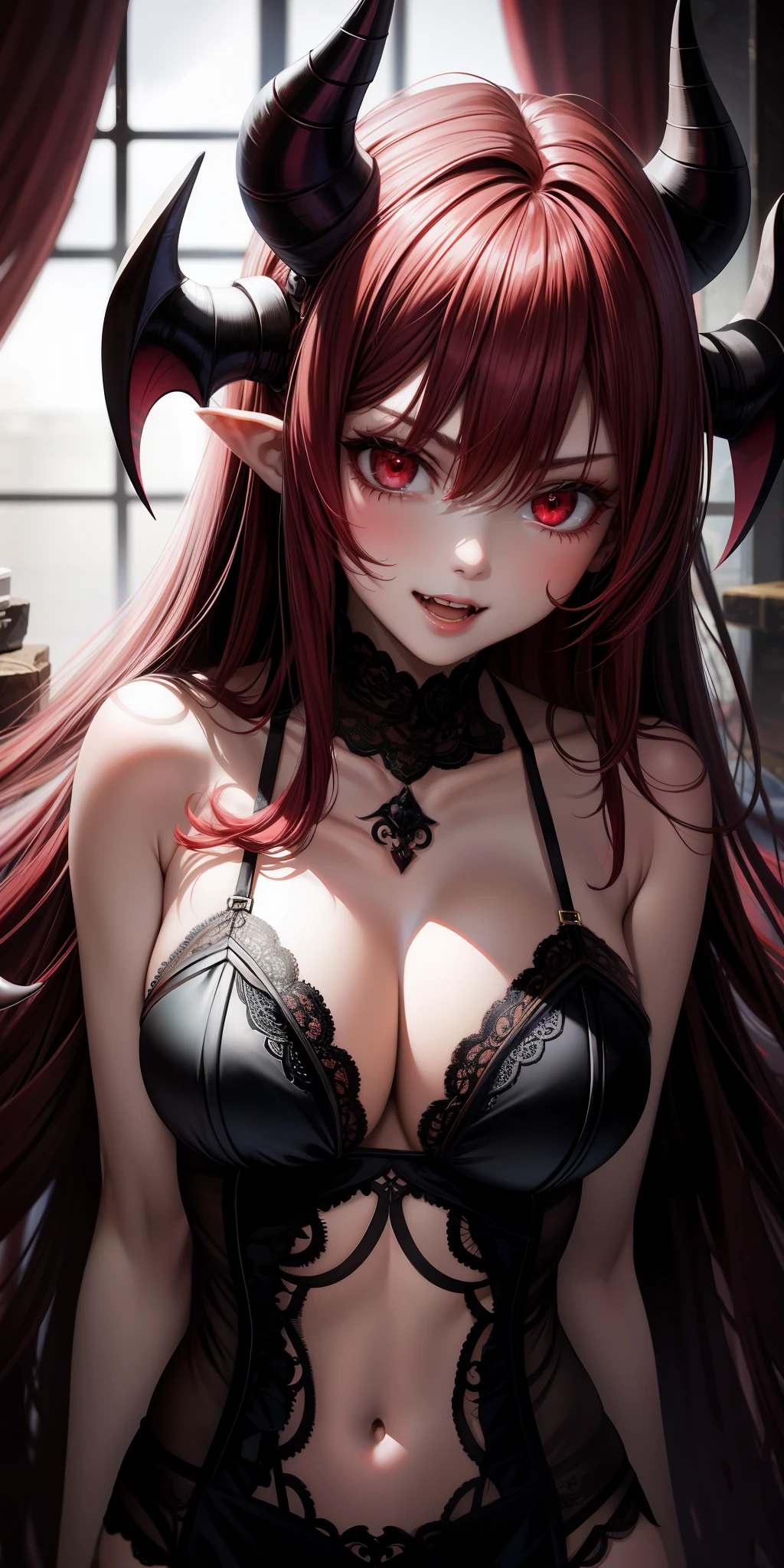 Cute girl , beautiful breast , beautiful hair , crimson hair , demon eyes , black horns , fangs , sexy lingerie