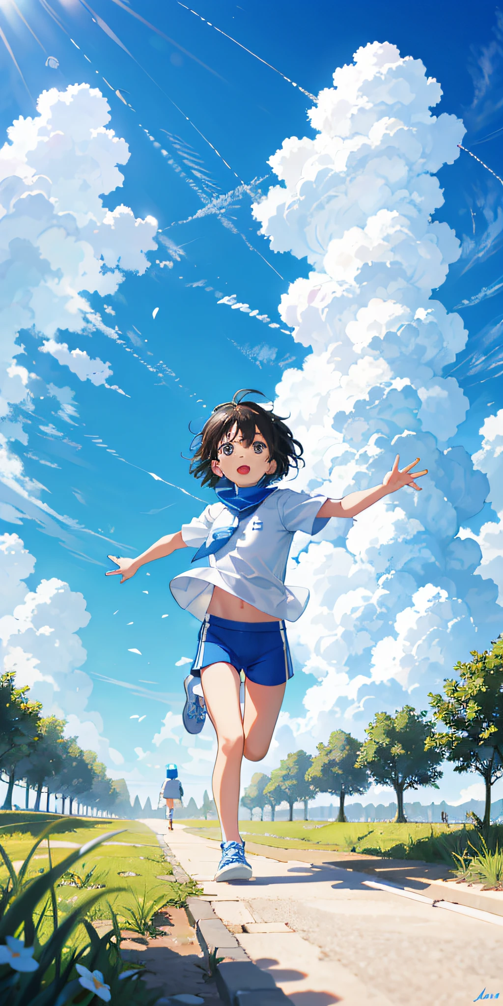 A child is running under the blue sky and white clouds