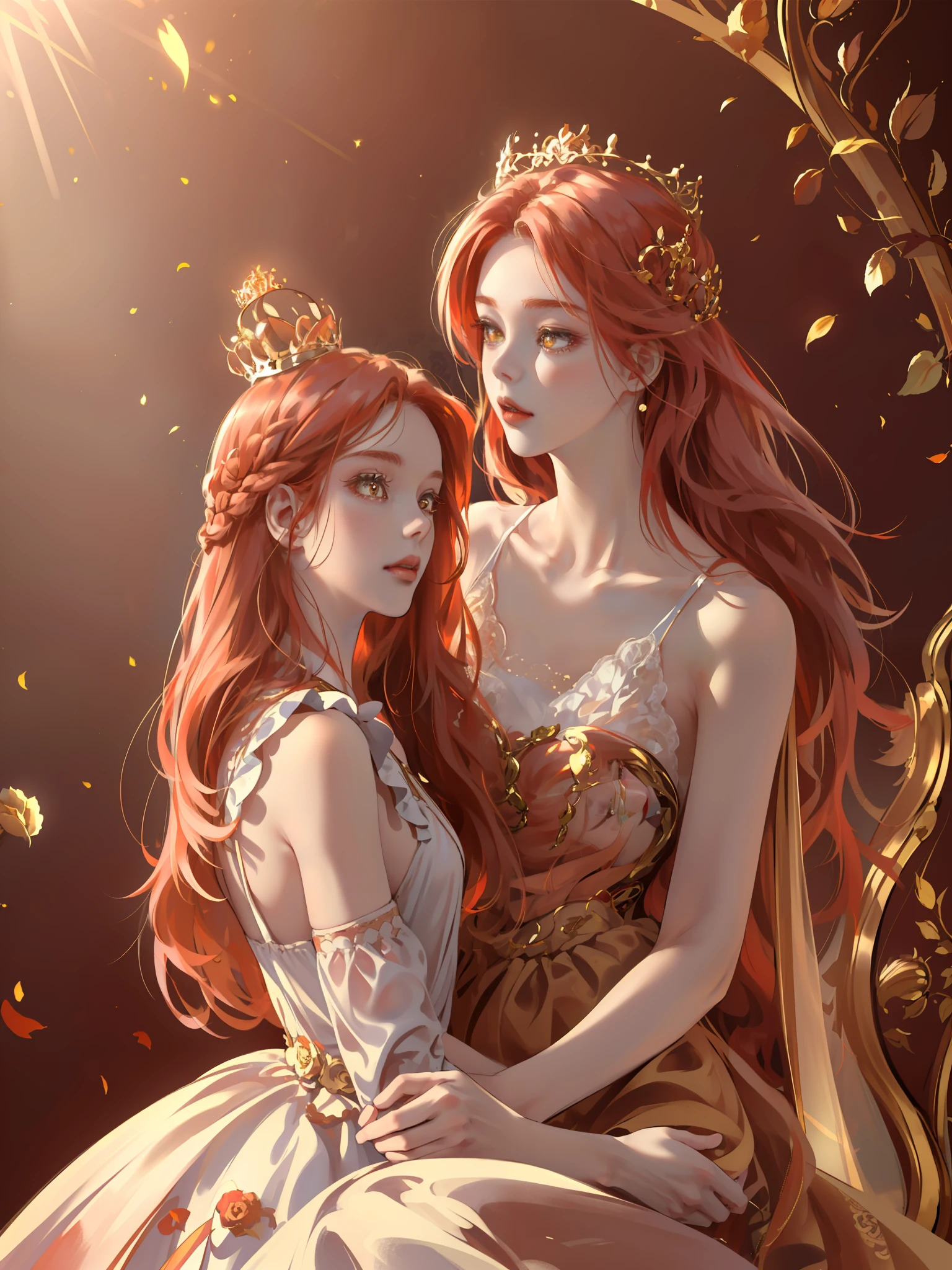 (((Masterpiece)), high quality, super detailed, red hair + golden clothing: 1.2, sweet and delicate girl, delicate facial features, perfect body, Lolita, crown, face with decoration, rose, bright bright colors, pearl white background, romantic long hair, natural light, warm and sweet, golden eyes, gorgeous hair decoration.