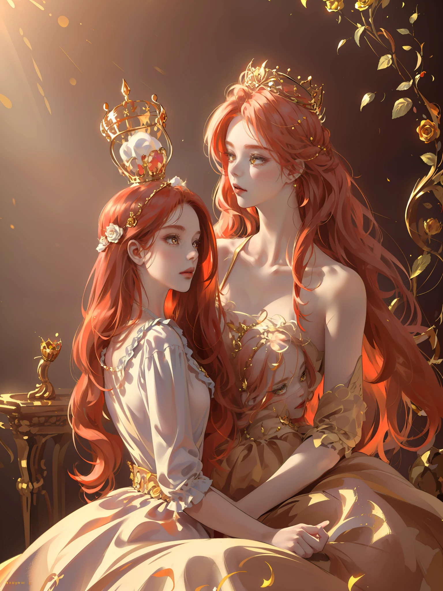 (((Masterpiece)), high quality, super detailed, red hair + golden clothing: 1.2, sweet and delicate girl, delicate facial features, perfect body, ta, crown, face with decoration, rose, bright bright colors, pearl white background, romantic long hair, natural light, warm and sweet, golden eyes, gorgeous hair decoration.