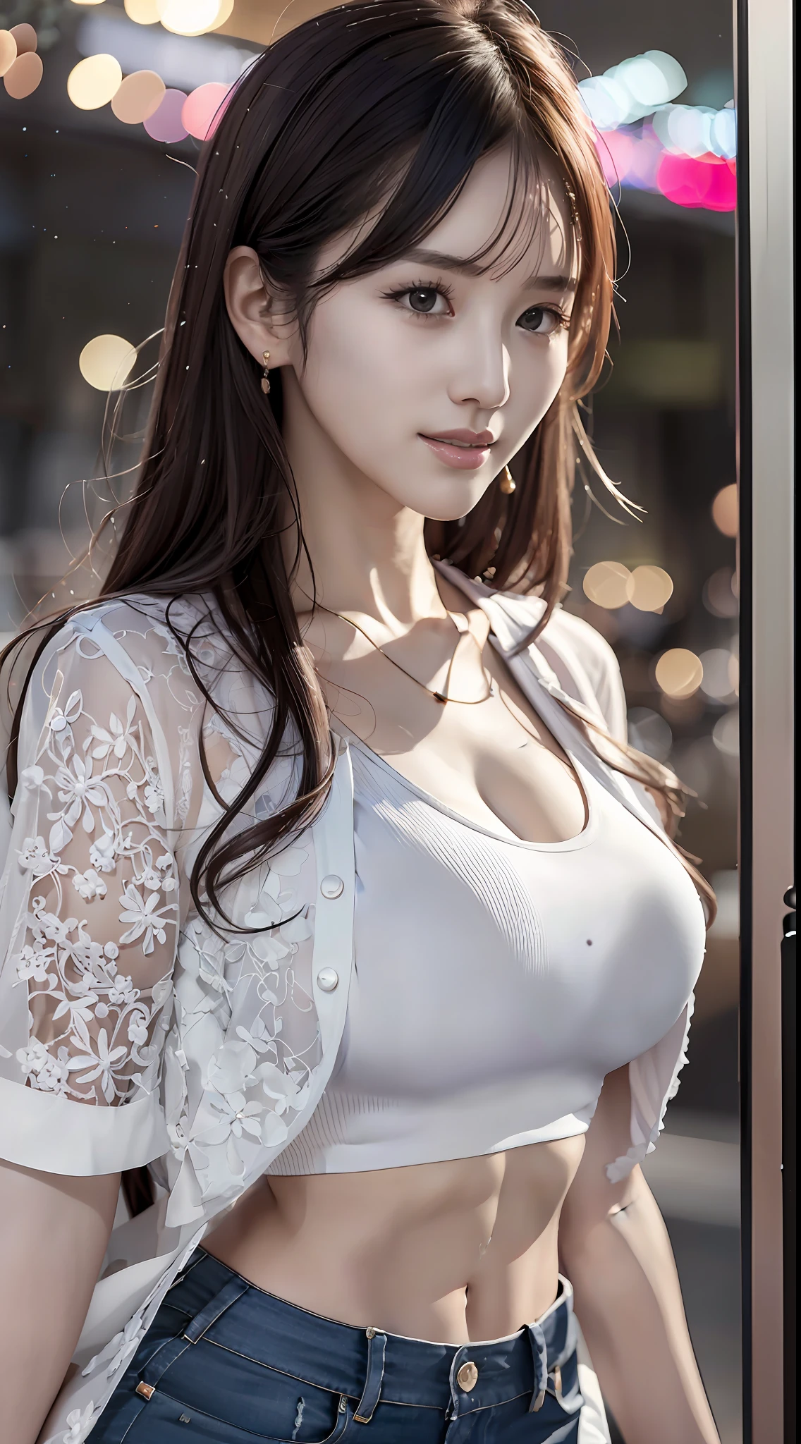 (8k, best quality, masterpiece:1,2), (realistic, photo-realistic:1,37), top quality, masterpiece, a beautiful woman, wearing a shirt for women crop v neck top white t-shirt korean fashion women t with a tight open gray color jacket, beautiful and toned body, cleavage, floral mini skirt, walking in the suburbs, slightly drizzling night background, in shops with Korean-style shop lights, night atmosphere, slightly wet asphalt, seductive smiles with dimples,