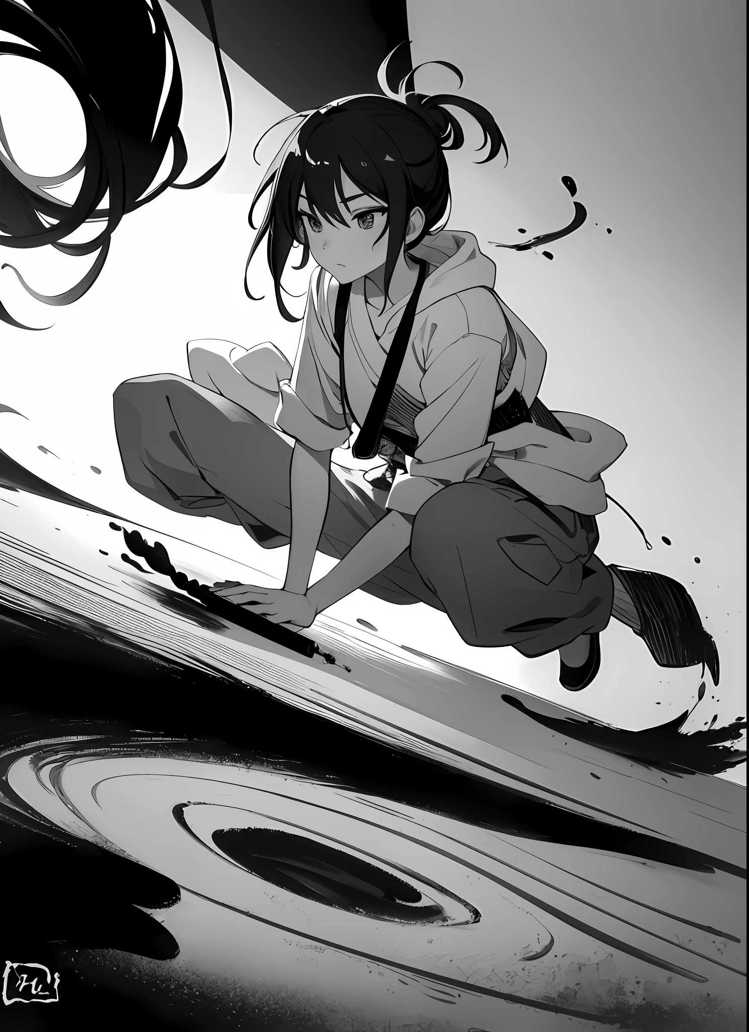 sumi-e style, (expressive brush strokes：1.2), ink wash, gradation, monochromatic, poetic atmosphere, delicate balance, fluid motion