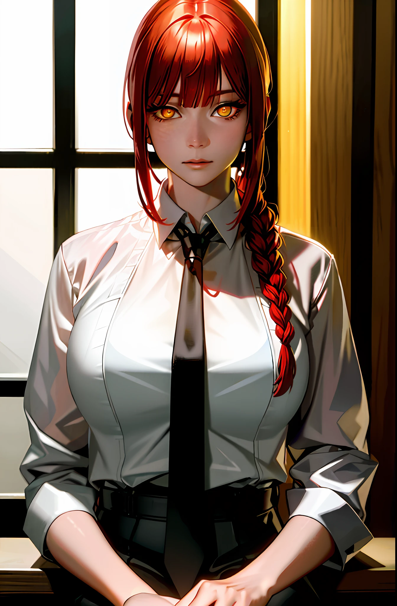 masterpiece, (photorealistic:1.4), best quality, beautiful lighting,
(ulzzang-6500:0.5), makima \(chainsaw man\), (red hair)+(long braided hair)+(bangs), yellow eyes, golden eyes, ((ringed eyes)), (white shirt), (necktie),
RAW photo, 8k uhd, film grain