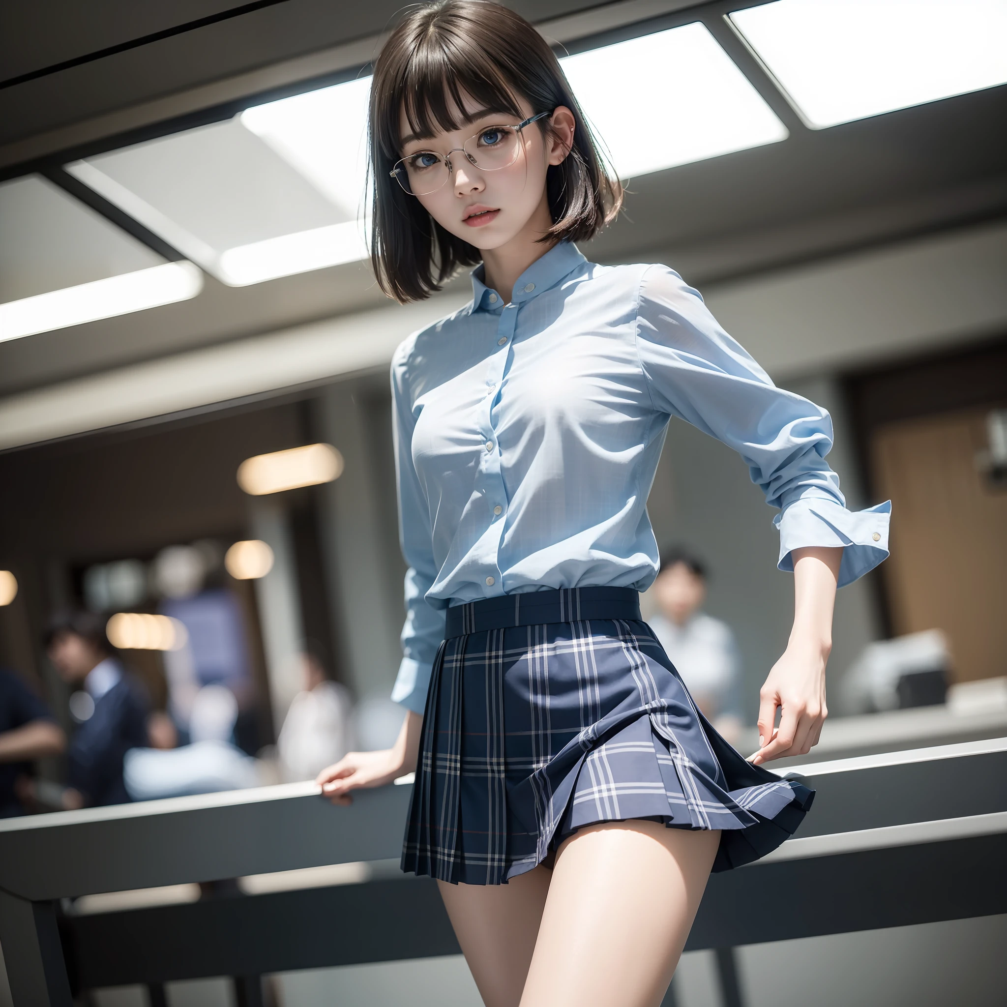 (8K, RAW Photo, Best Quality, Masterpiece: 1.2),Short Hair,Solo,Glasses,Chinese Woman,Standing,Tight Eyes,Thin,Gritty,Angry,Small,Flat Breasts (Realistic, Photorealistic:1.37), Best Quality, Ultra High Resolution, Photon Mapping, Radiosity, Physically Based Rendering, Blur, Foreground, Depth of Field, Blurred Background, Photo_\( Medium), Motion Blur, Girl, (Full) Body), Long Legs, Thin Legs, Medium Hair, Bangs, (Bangs Visible), hair_ornament, Lips, blue_eyes, Nosesoft, China, Light blue shirt, Navy blue and blue and white plaid pleated skirt, Sheer clothing, Black loafers, Tsi-hai, Black cotton socks,