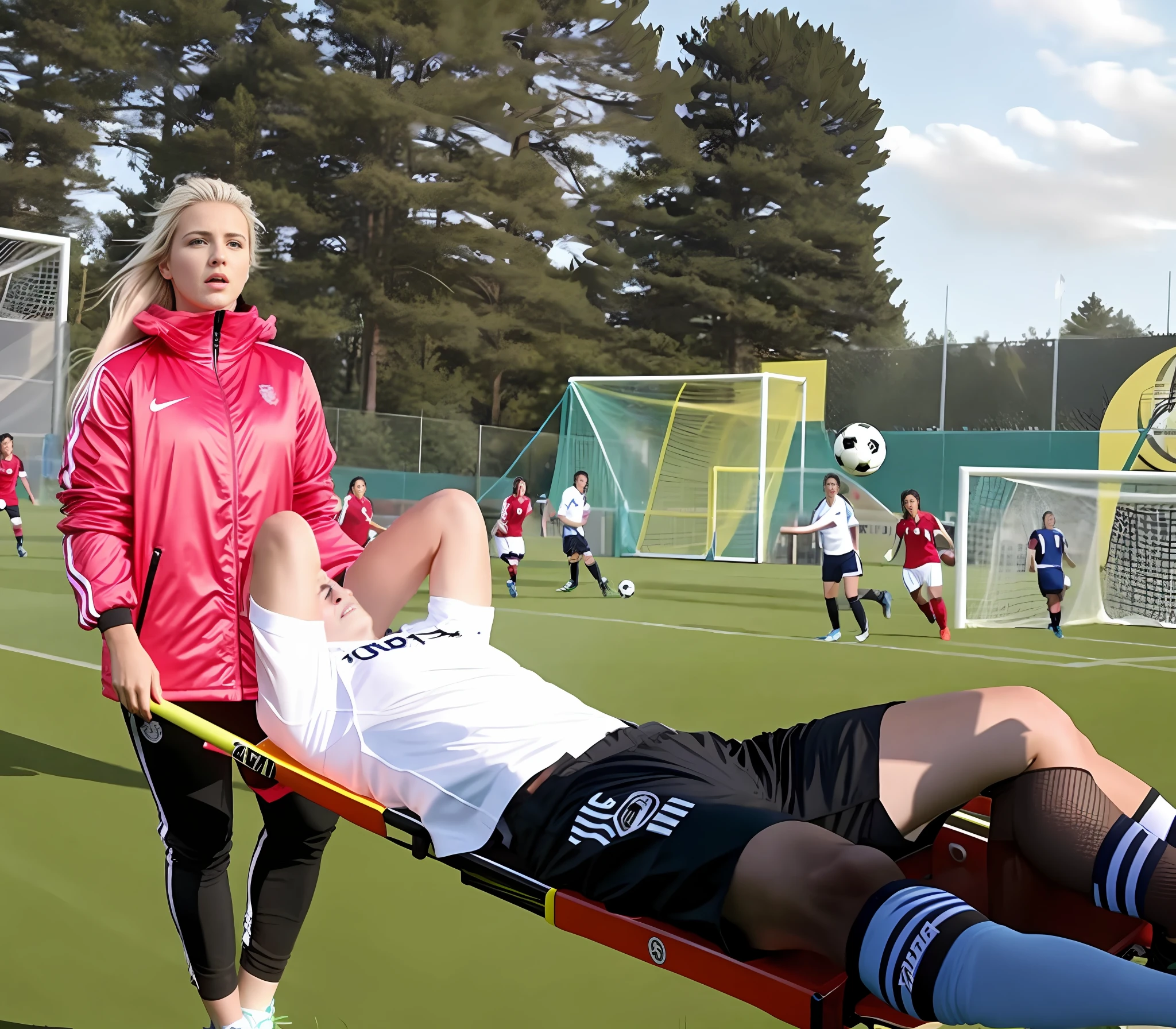black and white down jacket, shiny down jacket, a blond longhaired woman is wearing a very high-gloss and waterproof puffy jacket and shiny leather pqants, the woman is carrying a stretcher in a sports stadium, on the stretcher lies a young Caucasian football player, the football player is wearing a white short-sleeved shirt and black shorts, the soccer player is lying on his back on the stretcher and is covering his face with both hands, the woman is angry and shouts out loud, the woman is frightened and looks very concerned, the woman is loving the soccer player and is sending enormous amorous looks to him, the woman is carrying the stretcher out of the soccer field, the sports field in the background is a soccer field with a large visitors' stand, a soccer match is playing in the background, the sports field in the background is a soccer field with a large visitors' stand, a soccer match is playing in the background, dramatic action pose, dramatic suffering pose, accident scene, first-aid-scene, theatralic pity poses