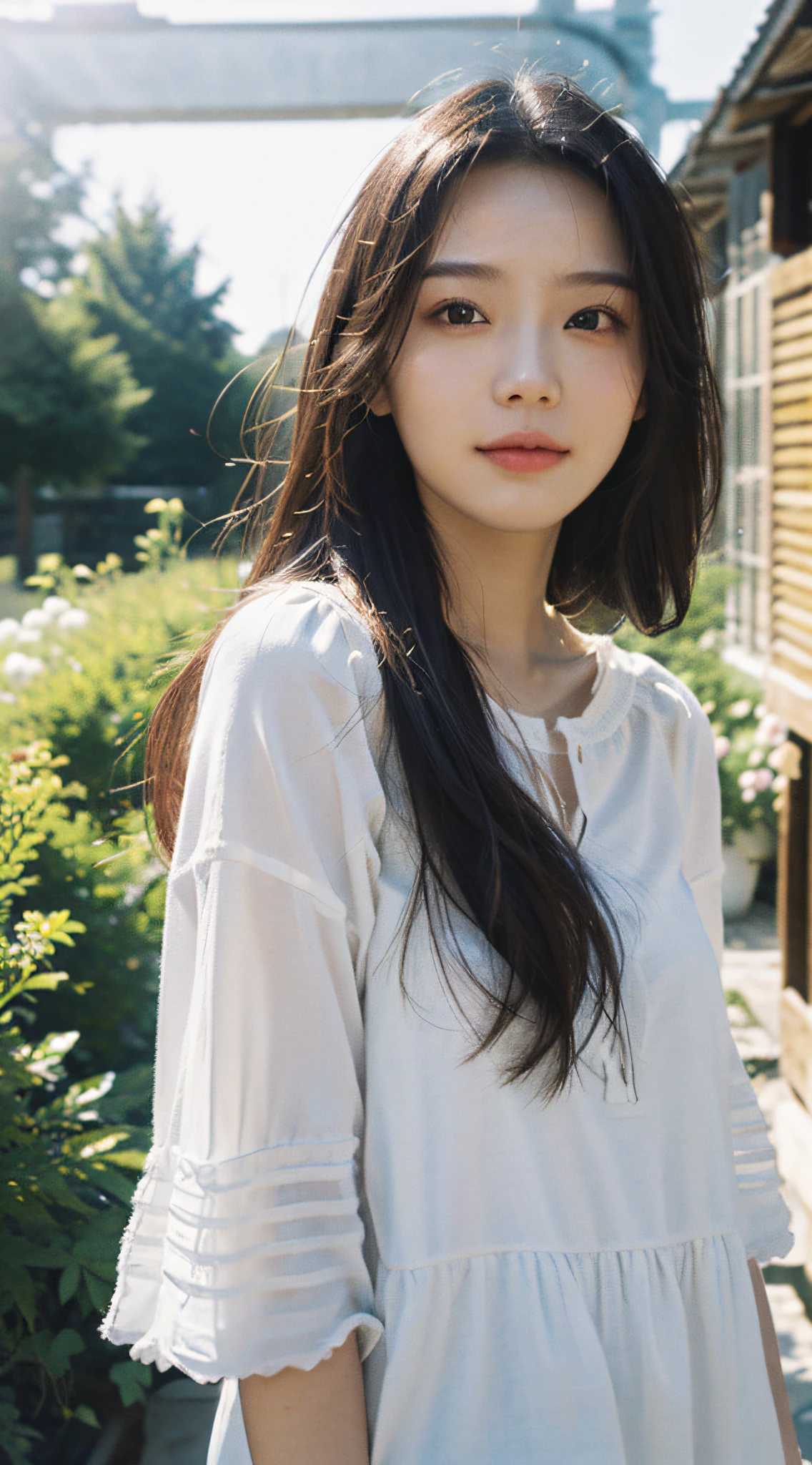 Best quality, masterpiece, super high resolution, (realistic: 1.4), original photo, head photo, skin, simple background, black eyes, detail, selfie, 1 girl, white clothes, breeze, sunshine, garden, quiet, enjoy