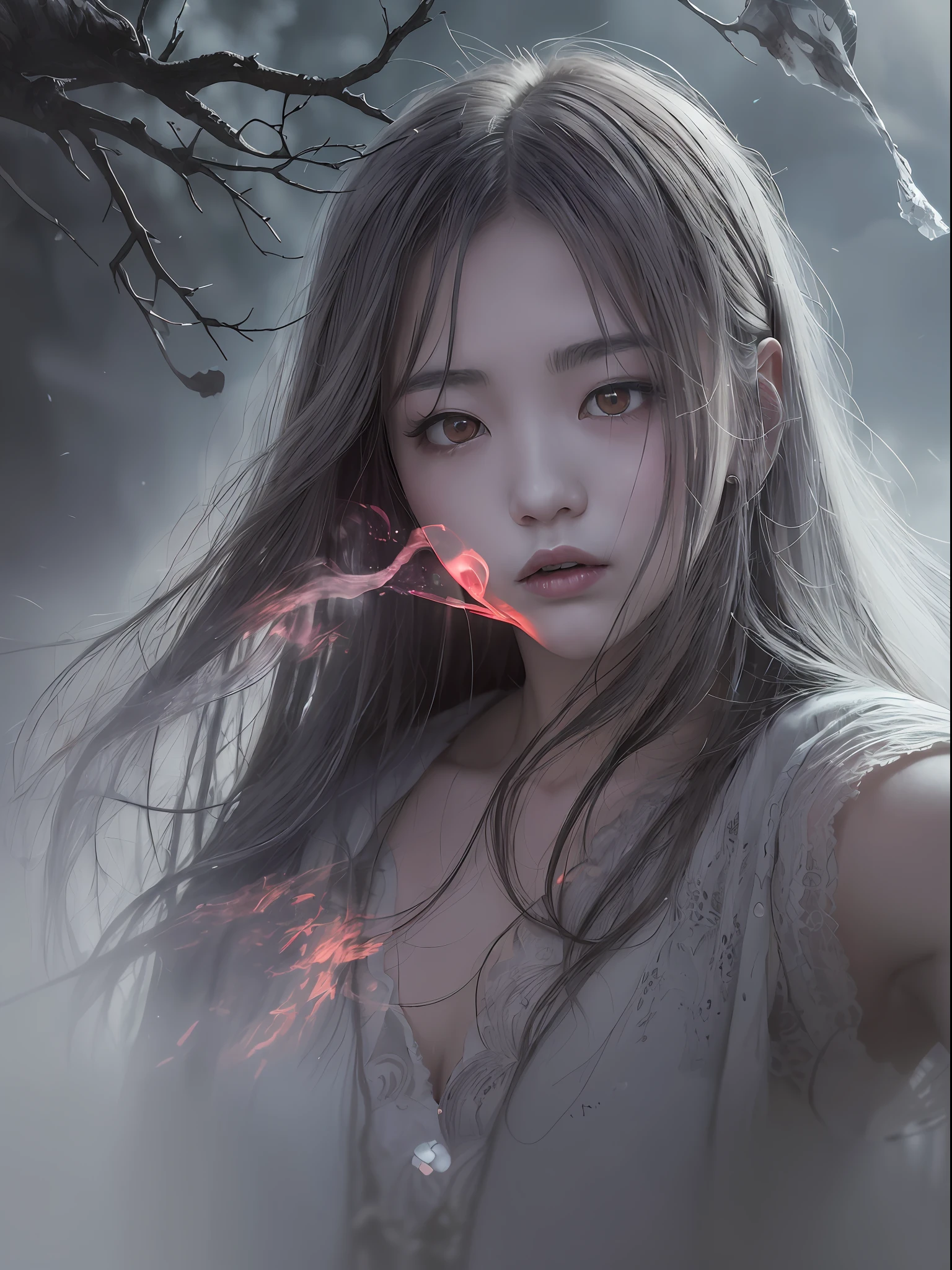 (Ultra-high resolution, masterpiece-level picture quality, realistic lighting, magnificent whimsical, gray forest, (1girl), mysterious, terrifying, abnormal, blood-red eyes, strange distortion, accidental shattering, transparent stone patterns, looming character silhouettes, suddenly clouds and smoke, there is life lurking in the dark forest, maybe a beast, maybe a heart demon, Ito Junjigami's ghosts and gods, quiet and far away, but the dusty atmosphere is full of hearts.) )