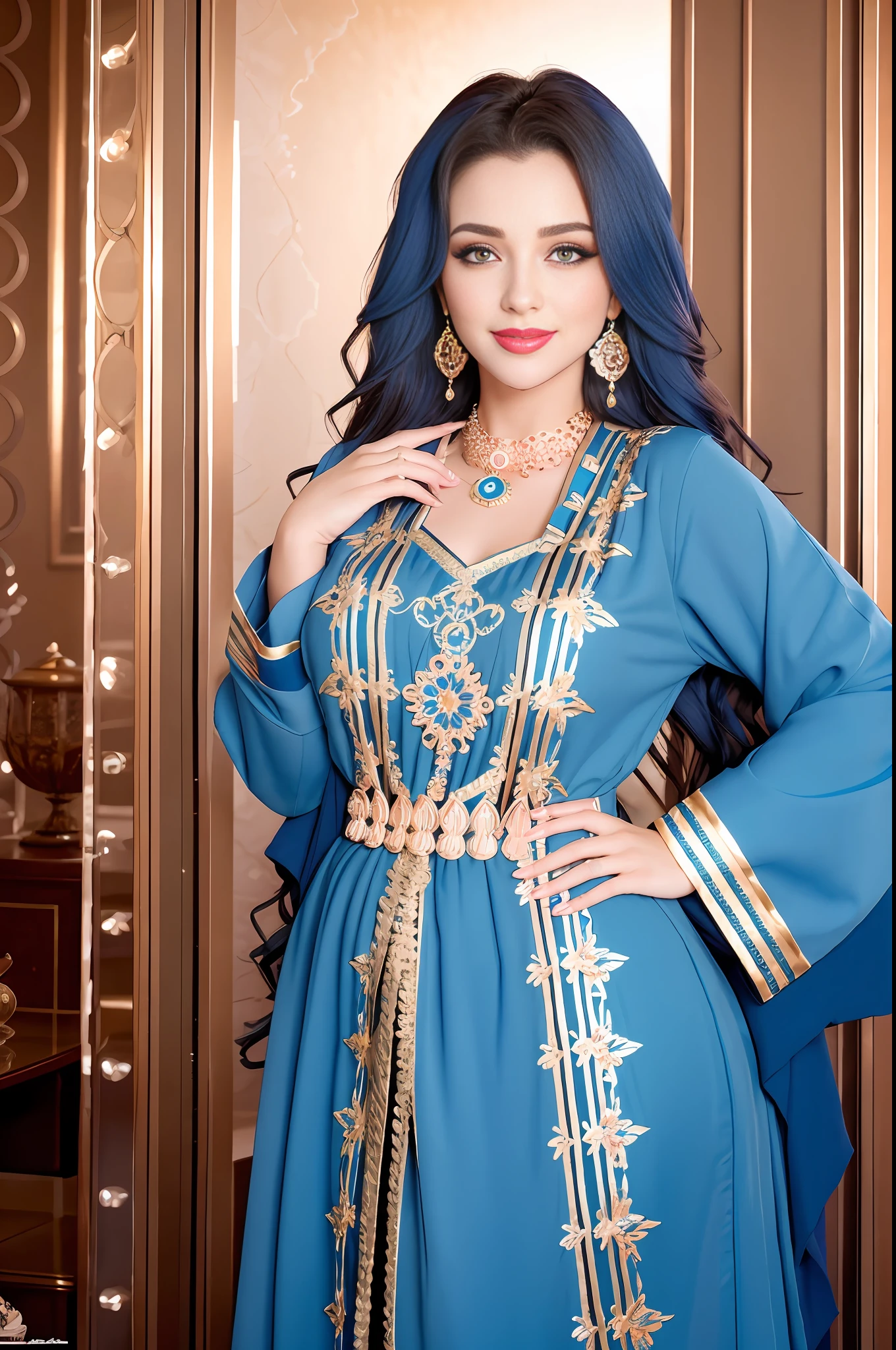 Masterpiece, 4K, (2Beautiful women:1.2), portrait, high quality art, high resolution, high definition, centered, symmetrical, good anatomy, puffy lips, smiling, surprised, blushing, lipstick, beautiful eyes, , pretty woman, jewelry, Moroccan Caftan, Blue fabric with golden embroidery,