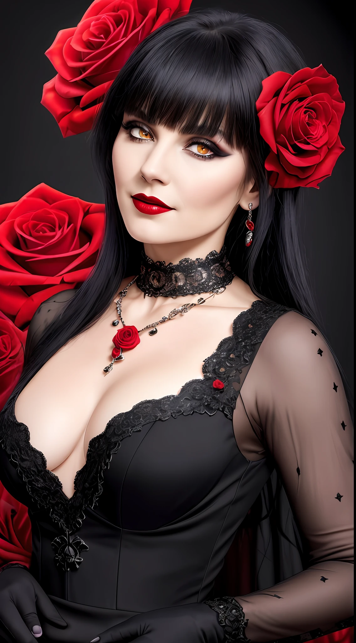 (8k, RAW photo, maximum quality), (A woman) (50 years old), (pale face+, cadaverous+, showing the mark of the bones, dark makeup), ((red dress)), ((black hair)) (necklace with a red rose) (jewelry) close-up++, (detailed eyes: 0.8), (looking at the camera: 1.4), (maximum quality), (best shadow), intricate details, background with lights, night