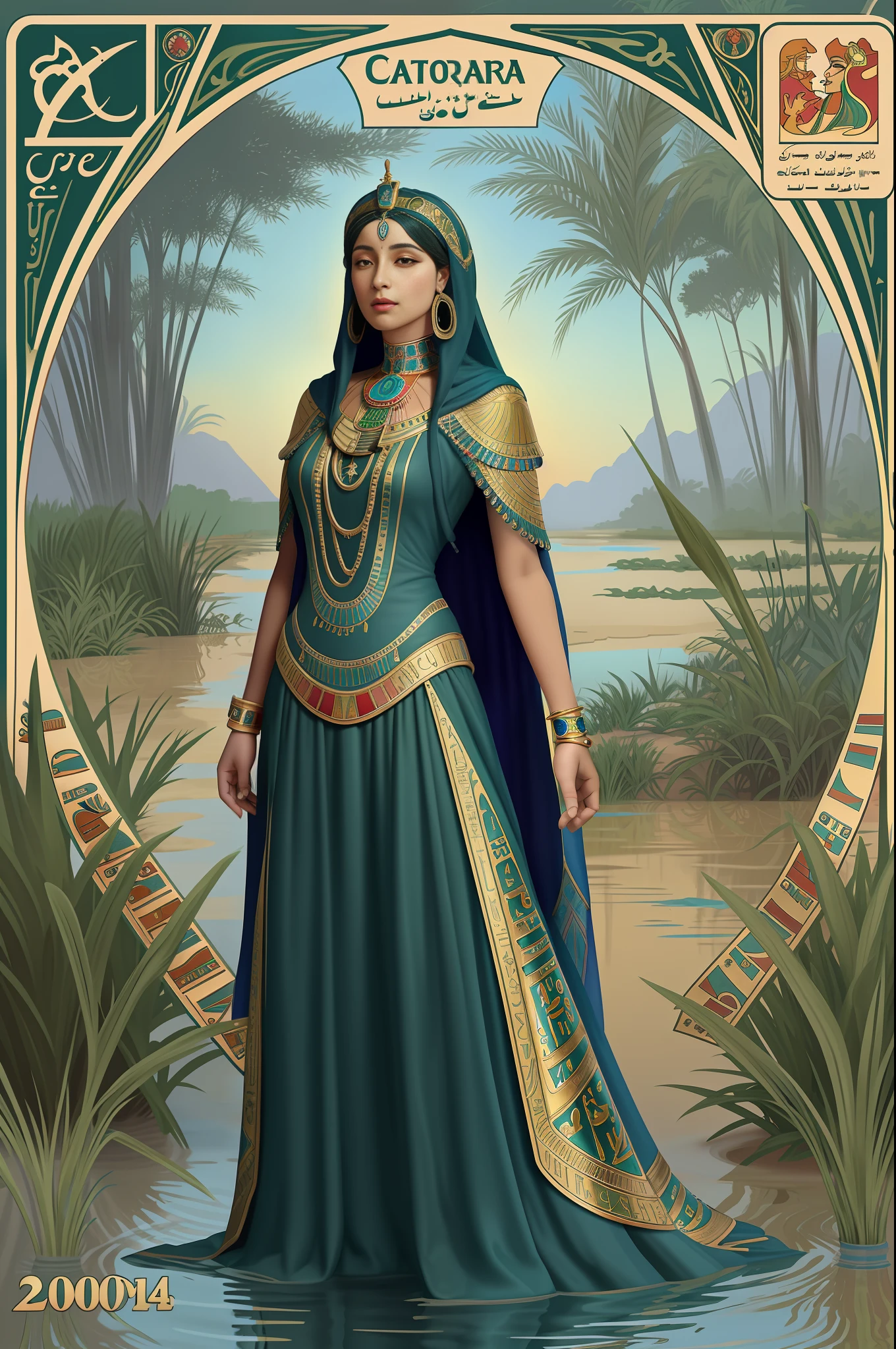 CCDWR Illustrated Artwork with (Full Body) Portraits of Beautiful (Egyptian) Women [odalisque | Gypsies | Nomads | Witches | Goddesses] possesses perfect [anatomy|silhouette] and perfect [diorama | body shape | physique] across a [flood | swamp] oasis [ mangrove | river | swamp] In the middle of the Sahara, CCDWR concept [ art | character design | costume design | fashion design ] (in (colorful new Victorian style) CCDWR artstyle [（Victo Ngai）| James Jean] inspired by Alphonse Mucha