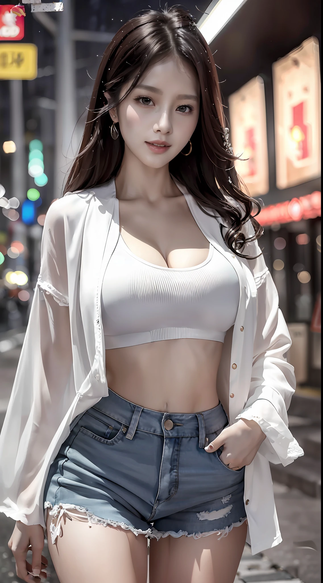 (8k, best quality, masterpiece:1,2), (realistic, photo-realistic:1,37), top quality, masterpiece, a beautiful woman, wearing a shirt for women crop v neck top white t-shirt korean fashion women t with a tight open gray color jacket, beautiful and toned body, cleavage, floral mini skirt, walking in the suburbs, slightly drizzling night background, in shops with Korean-style shop lights, night atmosphere, slightly wet asphalt, seductive smiles with dimples,