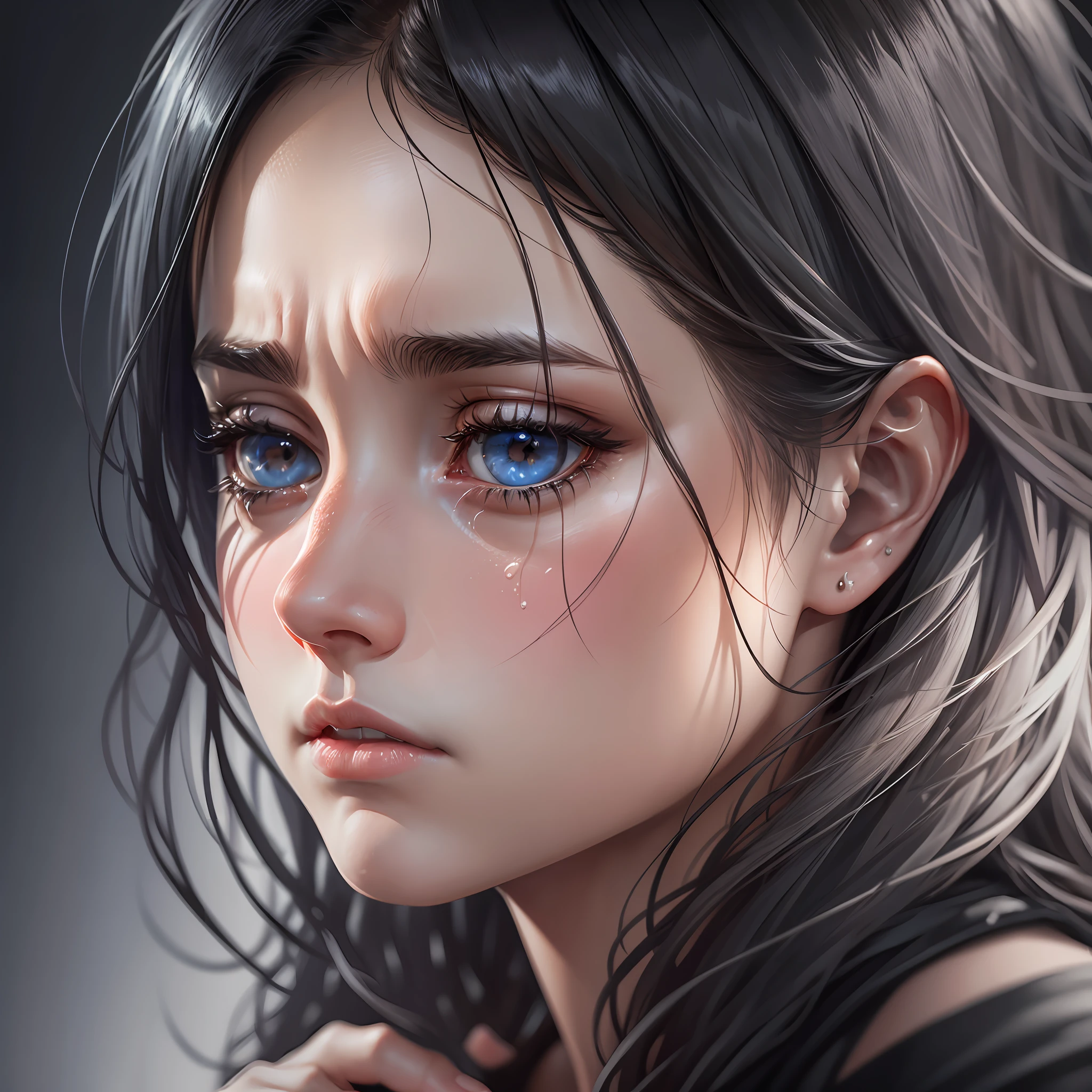 thoughtful person, sad, dark, dark background, dark background, black background,sad person, face with many details, beautiful face, upset woman, sad woman holding back tears, very realistic, extreme realism, unreal engine 5, very good, sadness in the look --auto --s2