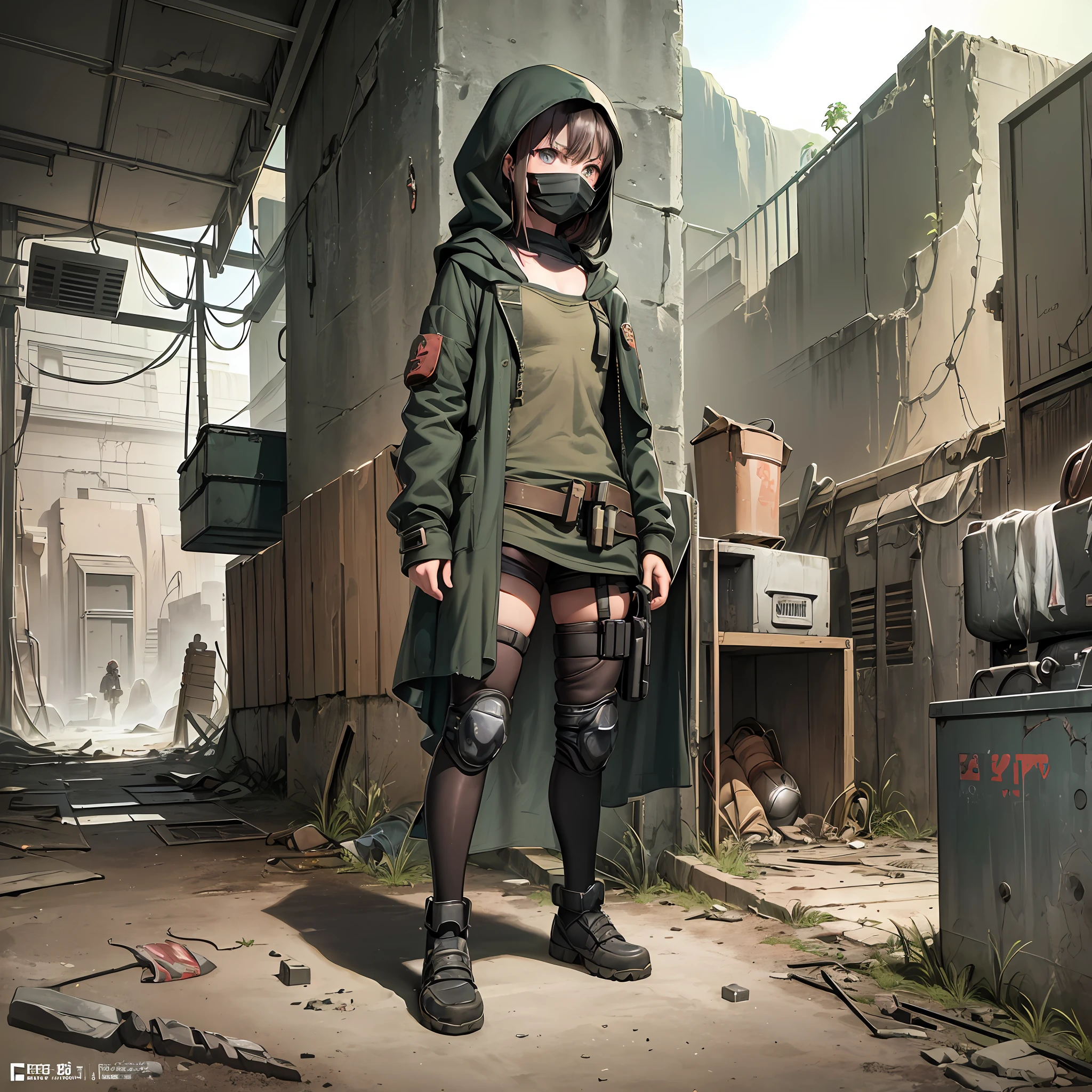 Detailed, Shadowvers Style, Masterpiece, Best Quality, 1girl, Solo, Slim, School, Indoor, , Full Body, ((( Character from the post-apocalyptic world))), Character is engaged in household chores, (((( medium chest))), ((Beautiful simple anime eyes)), ( The most frightened face)), ( The wasteland is visible), (( Mask clothes)), (( Cloak clothes),(( Canyon, Red Rocks))) , village ,(Sits on the sidelines), Full-length, ( Gloomy realistic color correction))), ((near the post-apocalyptic tank)), (((  very indignant face))), good anatomy, garage, ((tiny girl in the career)), (((official art)))