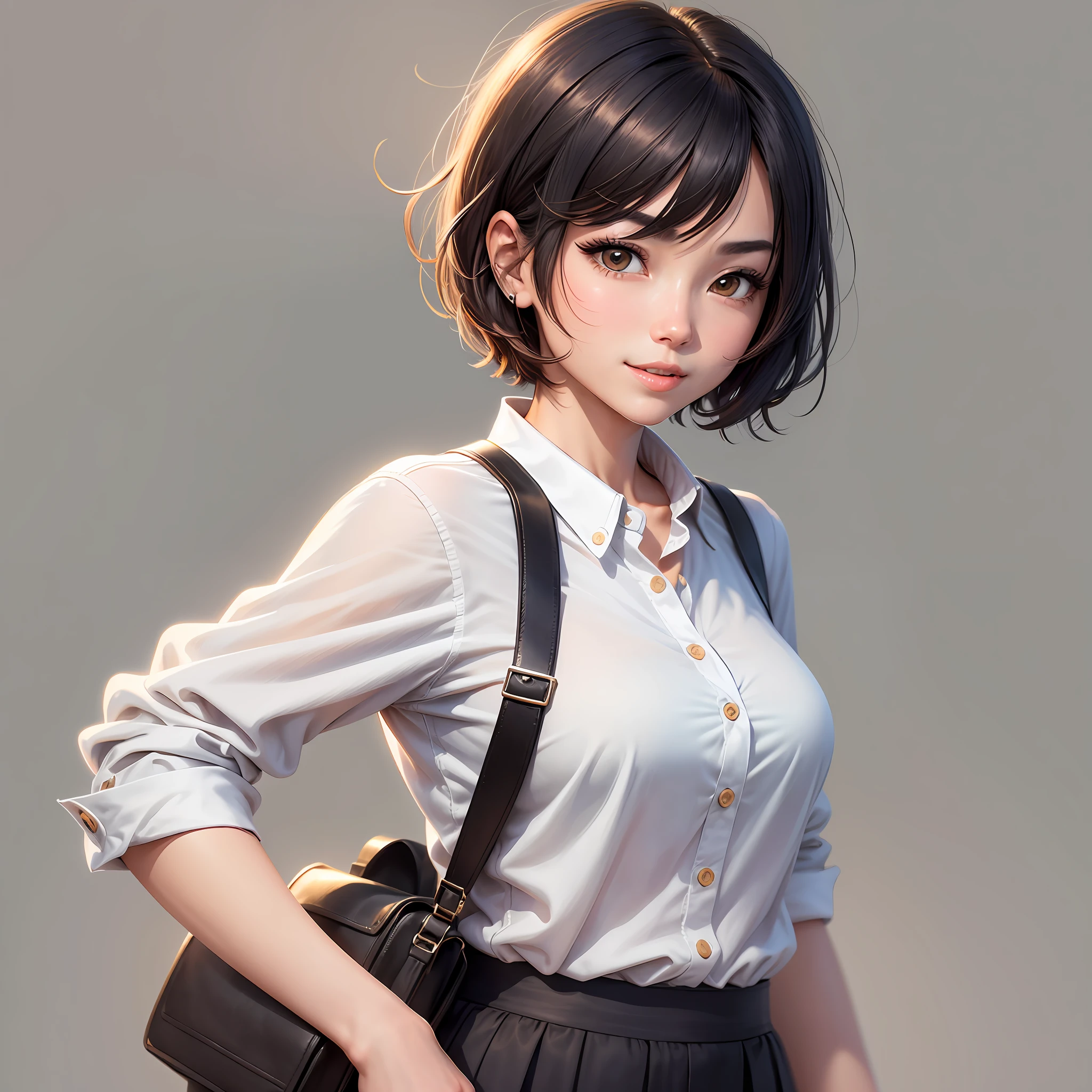 Create an illustration of a Japanese female character in her early twenties, dressed in office-casual attire. She has short hair, styled in a way that conveys a sense of neatness and energy. Her clothing should be professional yet fashionable, with a light-colored blouse or sweater and tailored pants or a skirt. She should have a bright smile on her face to convey a positive, upbeat personality.

For the character's physical features, she should have a clear, smooth complexion and large, expressive eyes. Her short hair should be styled in a way that complements her face shape, with a slight wave or texture to add depth to the illustration. The overall style of the illustration should be clean and modern, with a focus on the character's energy and liveliness. The background of the image should be plain white, with no distractions.

This illustration will be used as an eye-catching image for a blog post, so please ensure that it is attractive and conveys a sense of professionalism and liveliness. --auto --s2