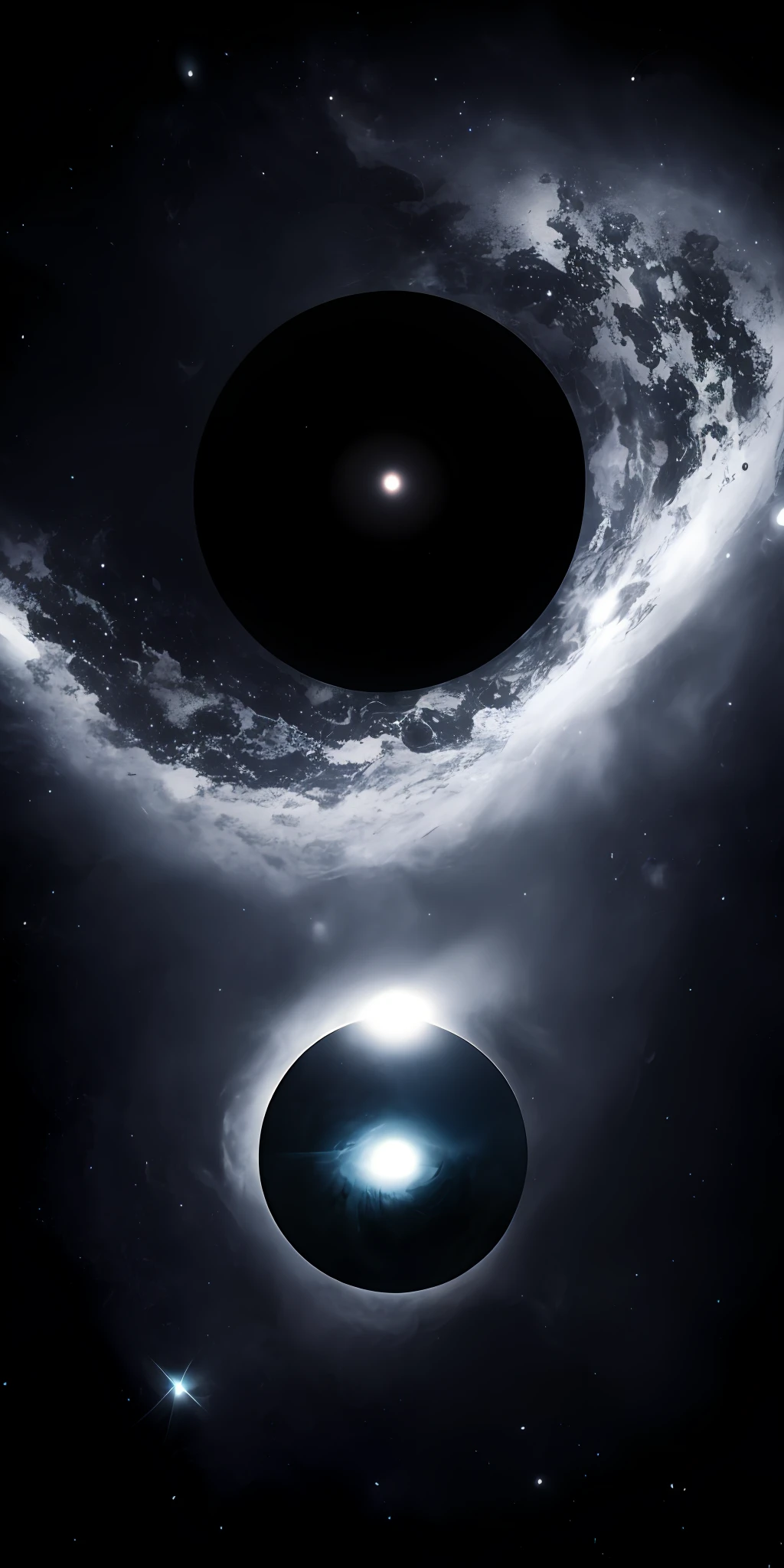 Universe, deep space, mysterious, eerie, black gray, gloom, a black hole above,