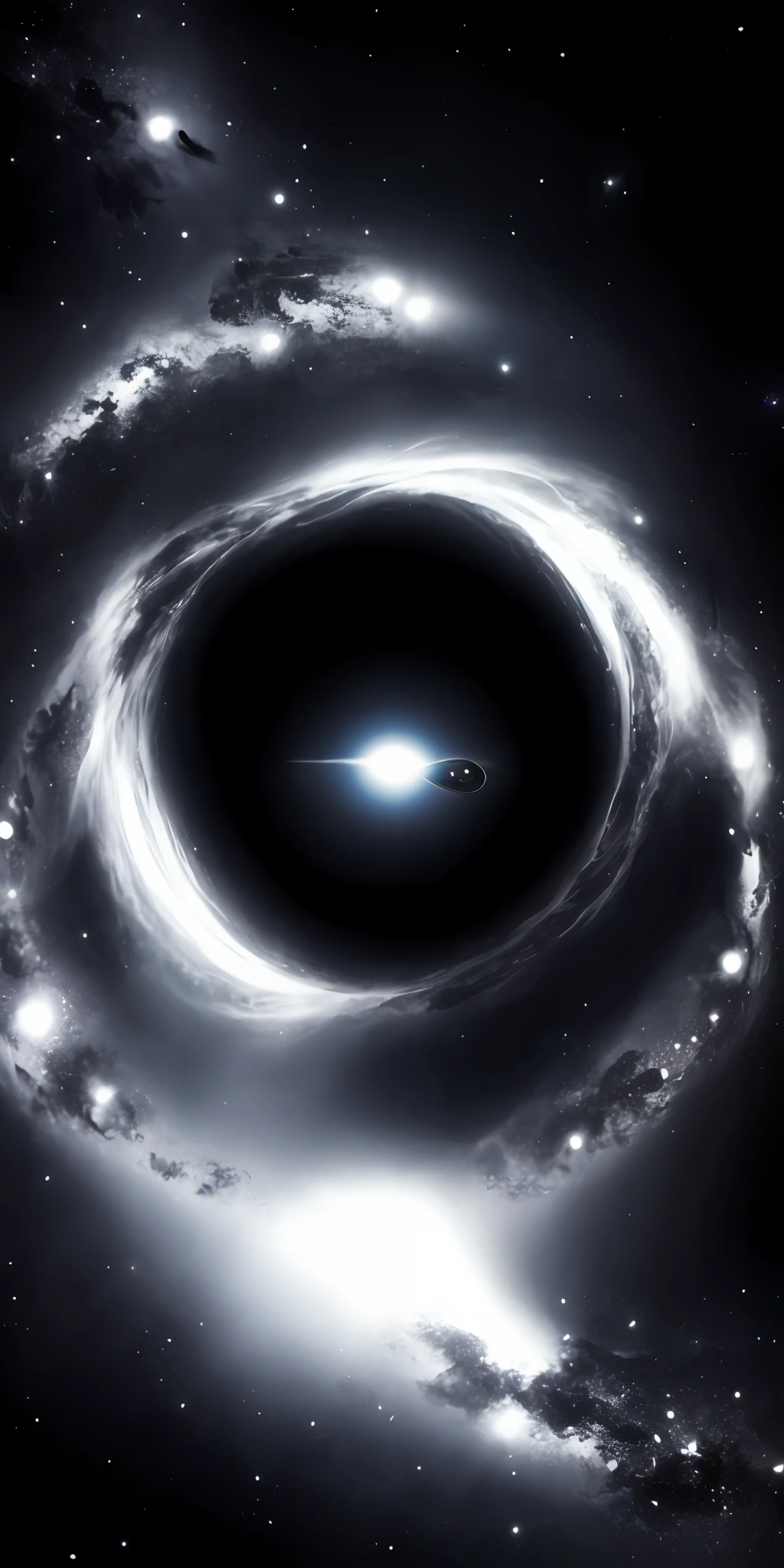 Universe, deep space, mysterious, eerie, black gray, gloom, a black hole above,