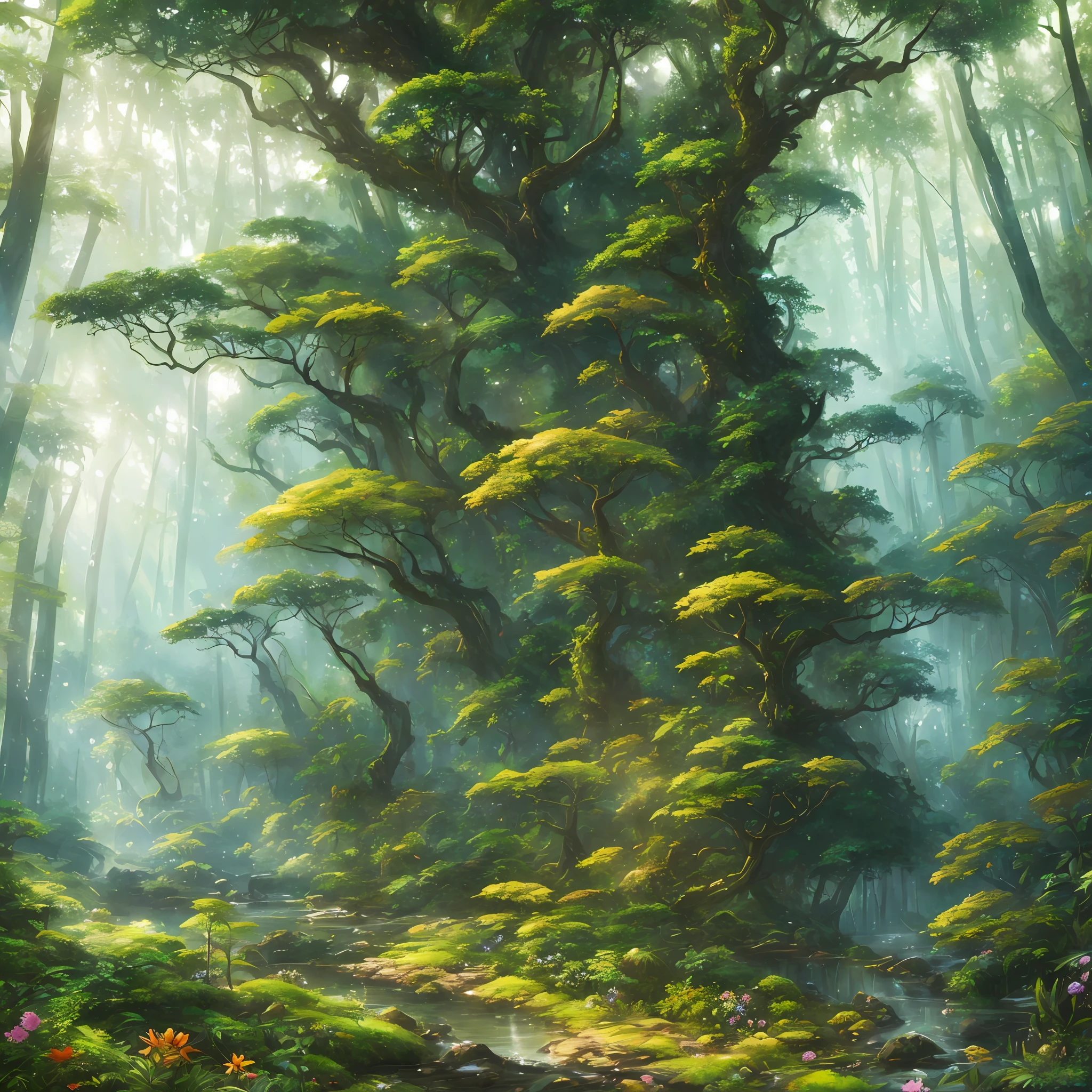 Digital illustration, detailed and intricate, realistic picture of a dense rainforest with wild flowers , the sunlight filtering through the canopy to a wide river, Dark and dirty prism effect.In the style of Yoshitaka Amano and Hayao Miyazaki, masterpiece, proportional, detailed, trending on artstation, beautiful lighting, realistic, intricate, award winning, 4k, highest quality Award-winning, 4K digital painting in the style of Yoshitaka Amano. Detailed and intricate depiction of rainforest ecosystem, masterfully capturing the chaos and drama of the nature. Beautiful lighting and cinematic composition make this piece a true masterpiece, trending on artstation --auto --s2