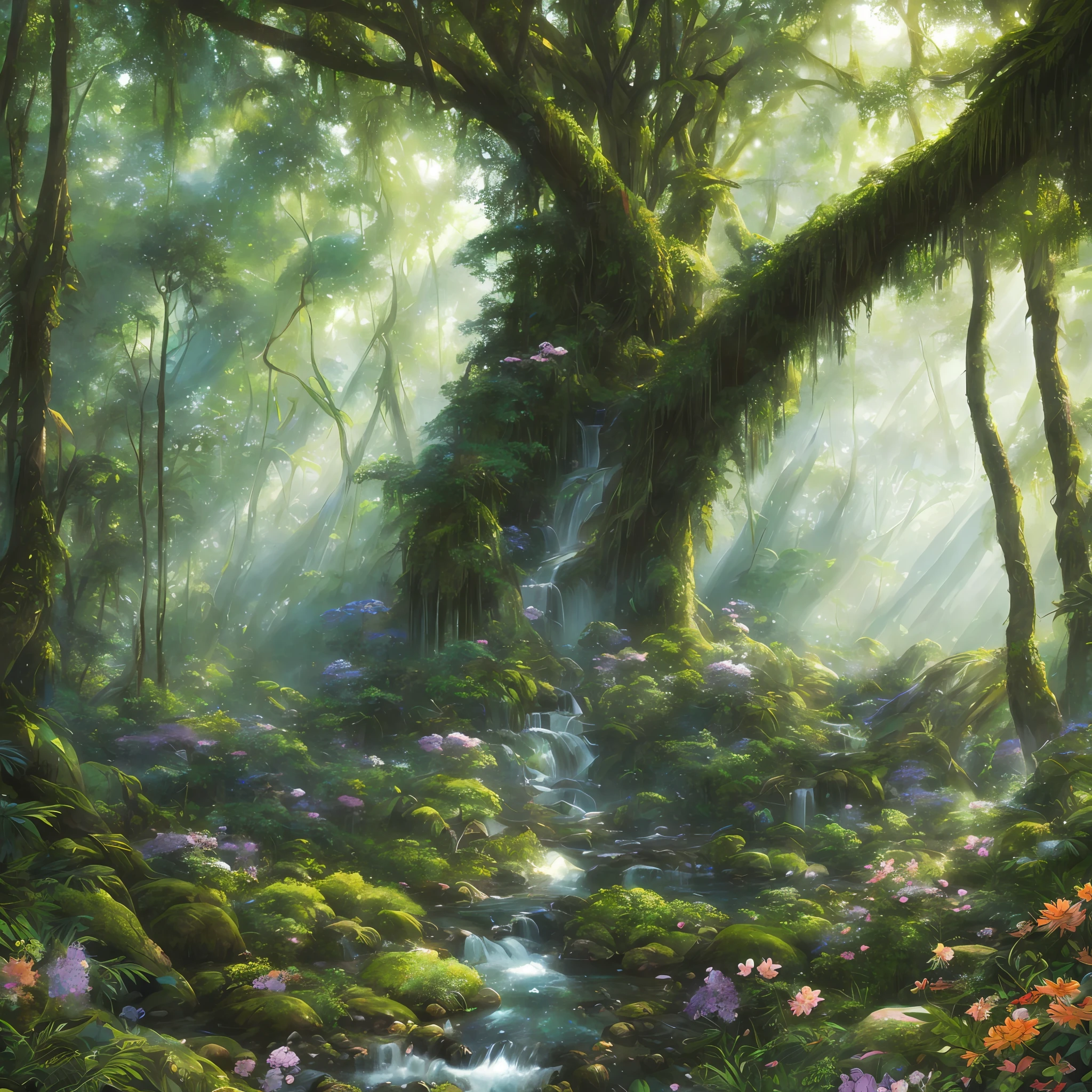 Digital illustration, detailed and intricate, realistic picture of a dense rainforest with wild flowers , the sunlight filtering through the canopy to a wide river, Dark and dirty prism effect.In the style of Yoshitaka Amano and Hayao Miyazaki, masterpiece, proportional, detailed, trending on artstation, beautiful lighting, realistic, intricate, award winning, 4k, highest quality Award-winning, 4K digital painting in the style of Yoshitaka Amano. Detailed and intricate depiction of rainforest ecosystem, masterfully capturing the chaos and drama of the nature. Beautiful lighting and cinematic composition make this piece a true masterpiece, trending on artstation --auto --s2