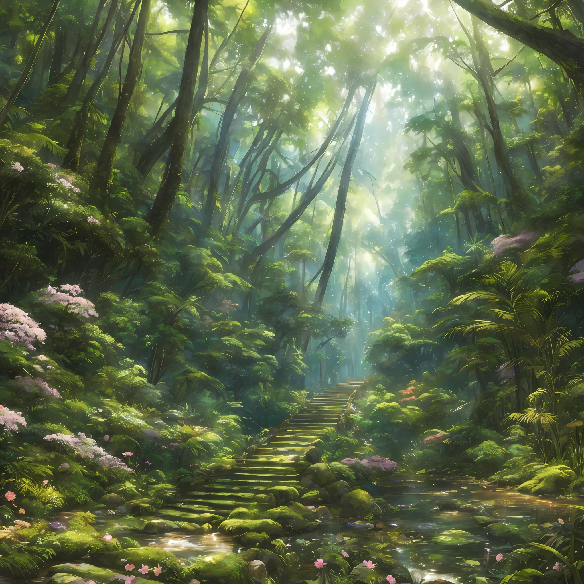 Digital illustration, detailed and intricate, realistic picture of a dense rainforest with wild flowers , the sunlight filtering through the canopy to a wide river, Dark and dirty prism effect.In the style of Yoshitaka Amano and Hayao Miyazaki, masterpiece, proportional, detailed, trending on artstation, beautiful lighting, realistic, intricate, award winning, 4k, highest quality Award-winning, 4K digital painting in the style of Yoshitaka Amano. Detailed and intricate depiction of rainforest ecosystem, masterfully capturing the chaos and drama of the nature. Beautiful lighting and cinematic composition make this piece a true masterpiece, trending on artstation --auto --s2