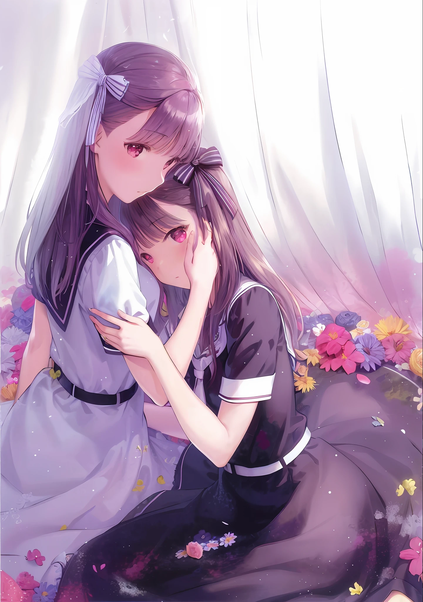 anime girl hugging another girl in a field of flowers, two beautiful anime girls, beautiful anime, soft anime illustration, shoujo manga, visual novel cg, anime girls, fine details. girls frontline, shoujo romance, sh, beautiful anime style, ethereal anime, ddlc, beautiful anime art, japanese shoujo manga, yuruyuri
