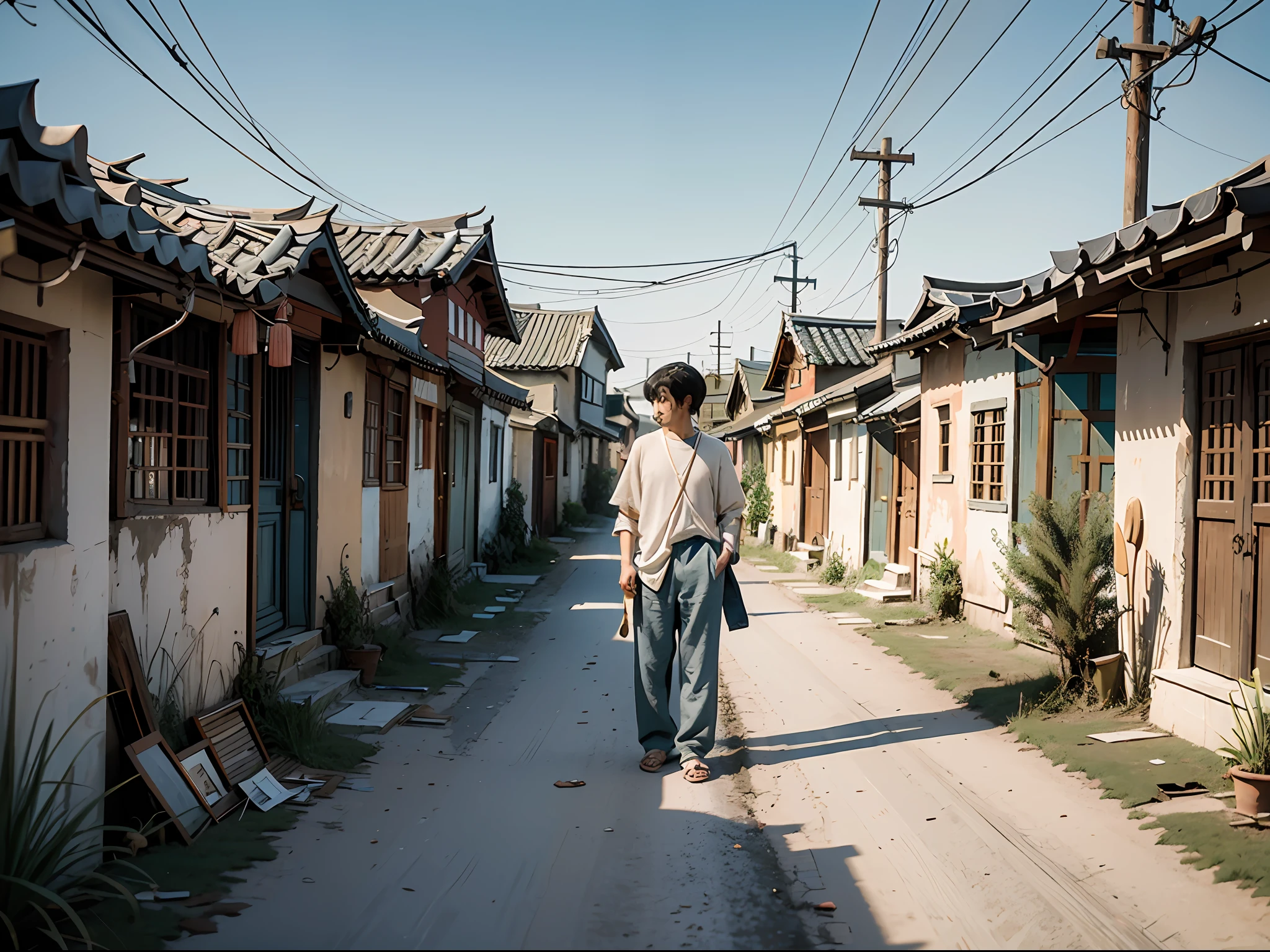 Best Quality, Masterpiece, Ultra High Resolution, (Fidelity: 1.4), Photos, 1 boy, 12 boys, shabby coarse cloth top, shabby straw pants, straw shoes, dusk, loneliness, pity, pity, poor, fool, (Chinese style: 1.5), (shabby clothes: 1.4), standing at the entrance of the village, many dilapidated houses on both sides of the path