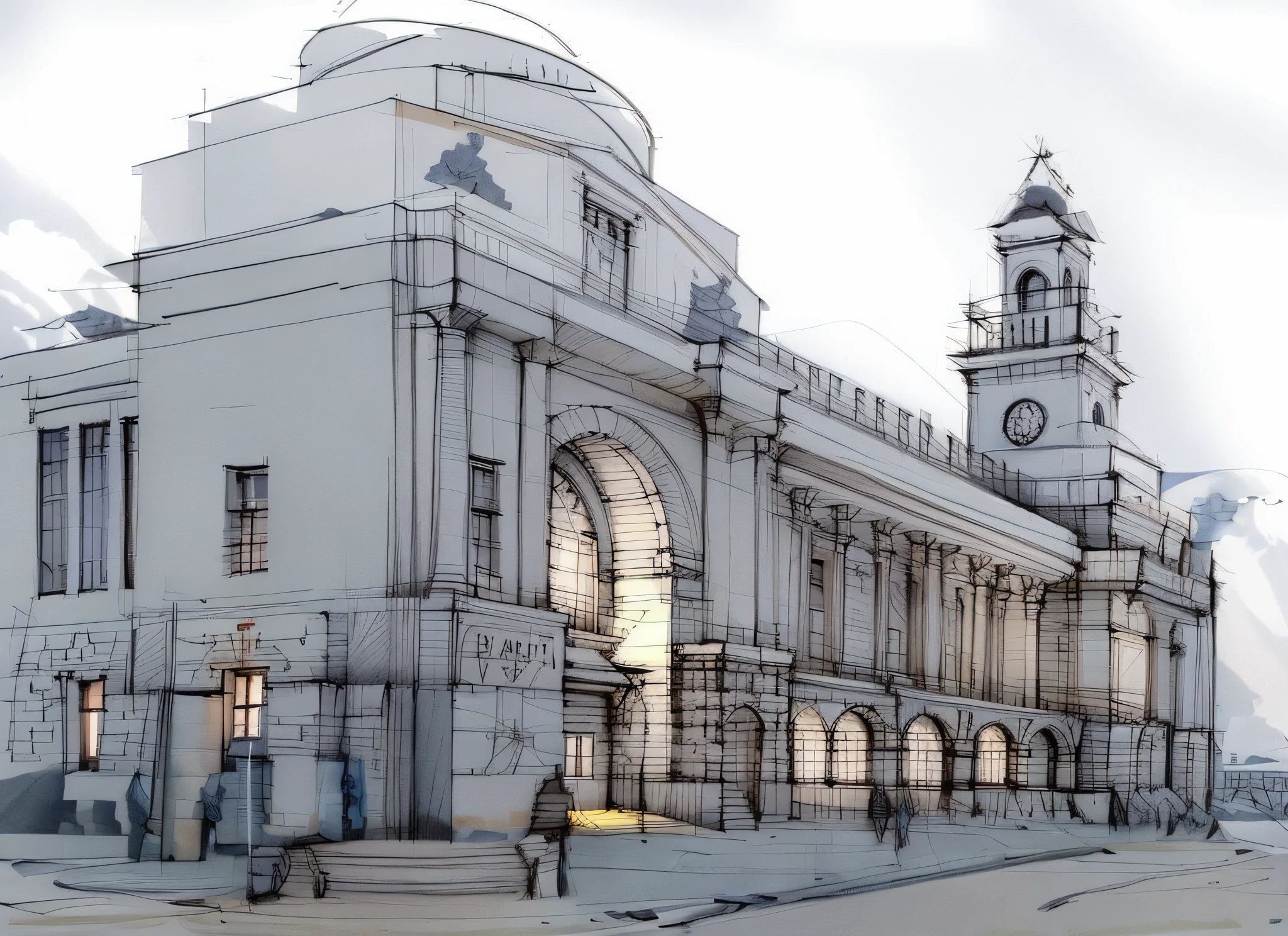 sketch, sketch, pen_sketch_style, Kievsky railway station, the photo shows the station, building, beautiful high resolution, the exterior of a huge beautiful station