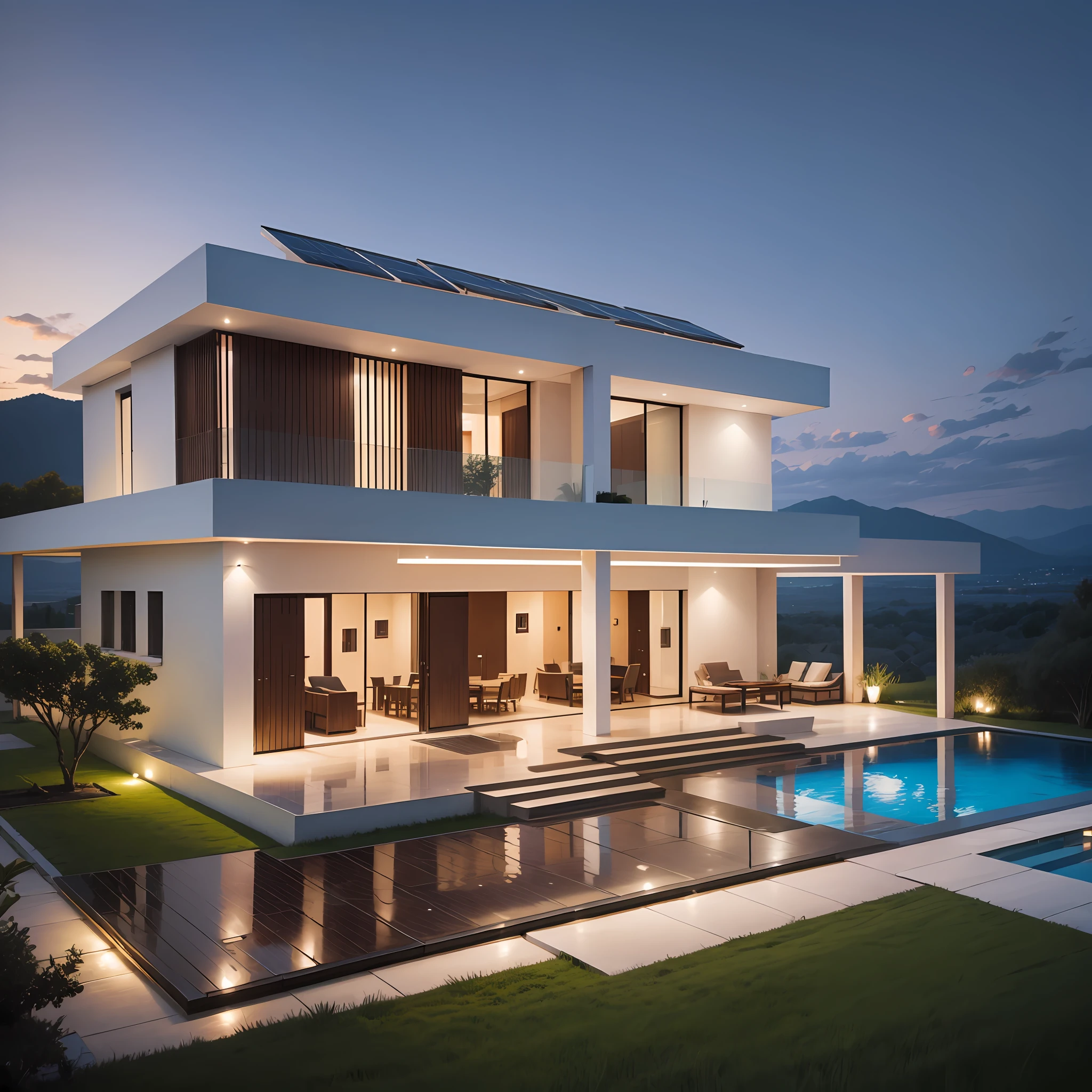 Villa, exterior, vista, top view, solar panels, evening, not too bright, --auto --s2