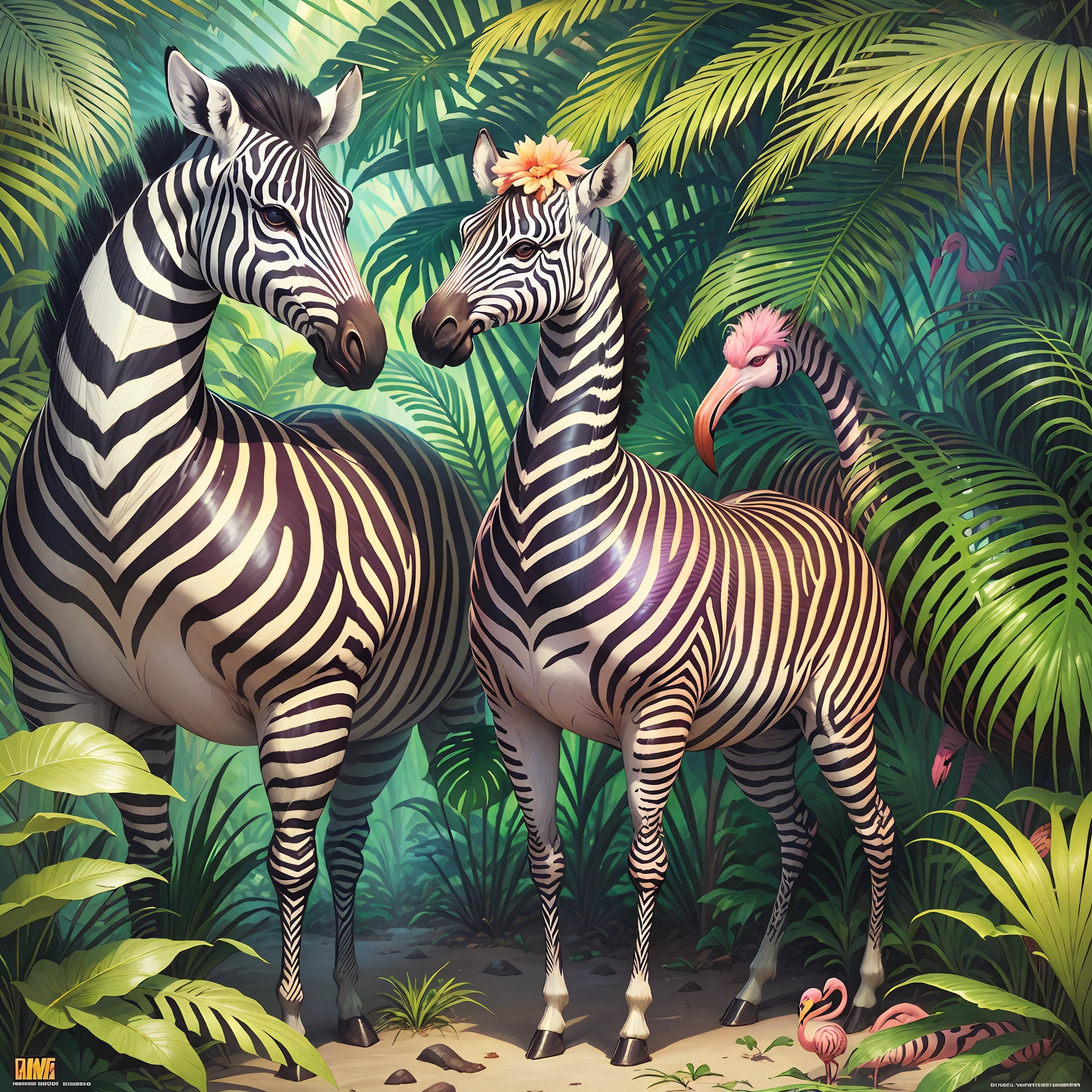 zebra and flamingos in the jungle with palm trees and flowers, jim warren, tropical, by Susan Heidi, tropical paradise, by David B. Mattingly, by Wayne England, by Joe Jusko, amazing background, tropical birds, wildlife illustration, by Richard Mayhew, by Ron Walotsky, hildebrandt, filled with fauna, tropical atmosphere --auto --s2