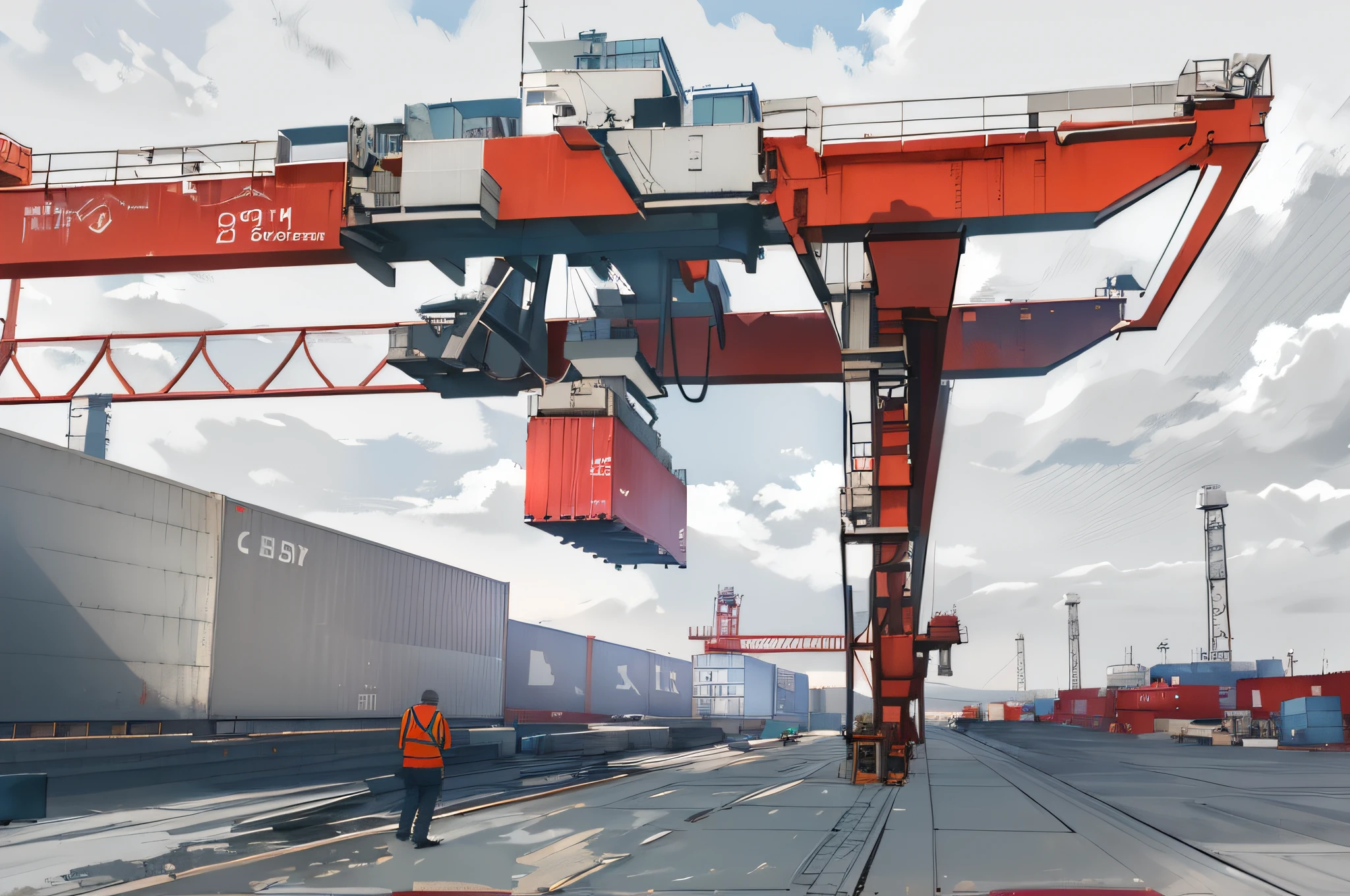 linear, gray, white background, simple background, sketch, sketch, pen_sketch_style, huge machine cranes, yard, photo shows large, shipping containers, photo taken in 2 0 2 0, photo taken from afar, shipyard, dsrl photo, it is very huge, discovered photo, profile view from afar, crane