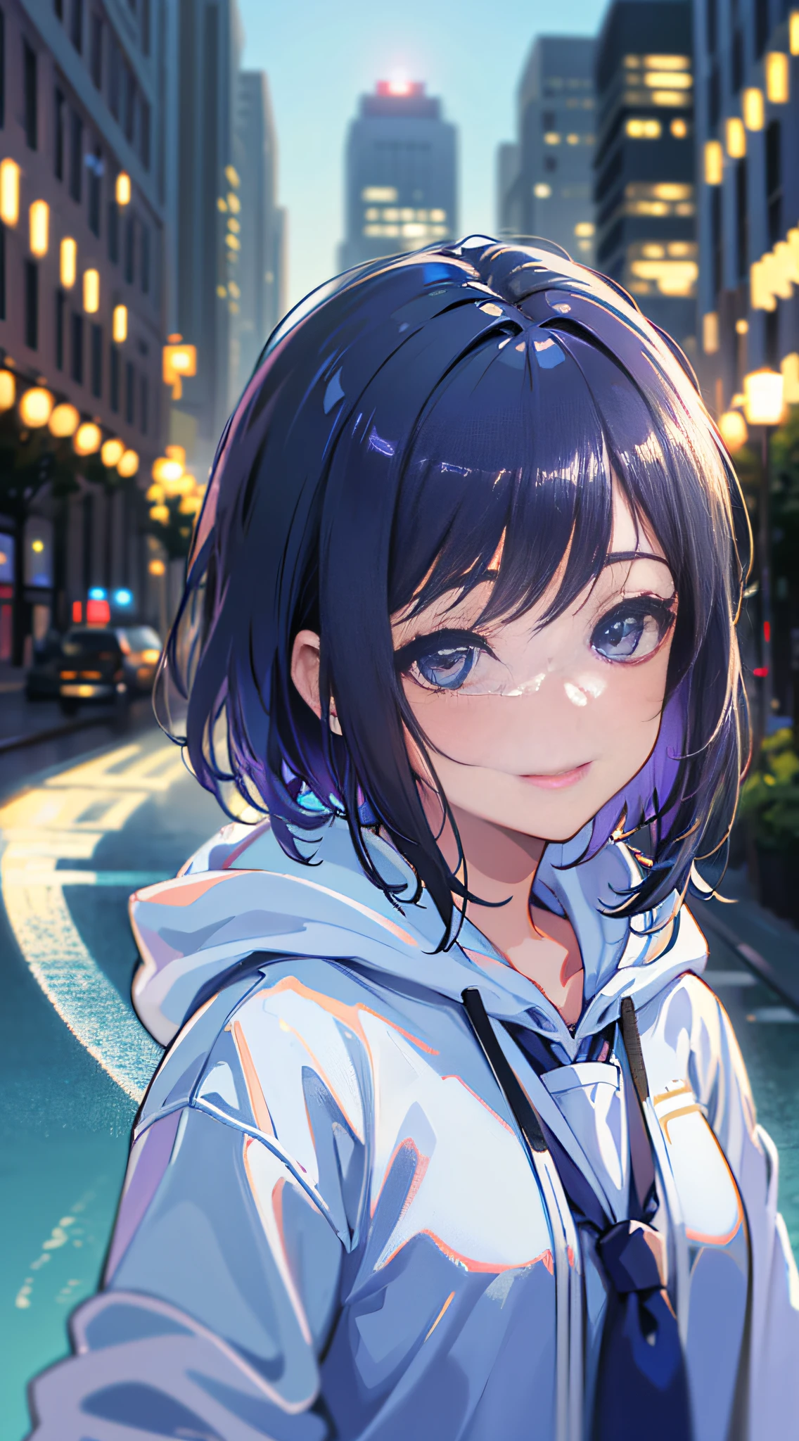 (8k RAW photo,best quality, masterpiece:1.2), (realistic,photo-realistic:1.37), omertosa, 1girl, city, professional lighting, photo mapping,radiosity, physically-based rendering, blue backlight bokeh, smile, mature, head portrait, sunlight, blone, short jacket, school uniform, hoodie, short hair, floating hai