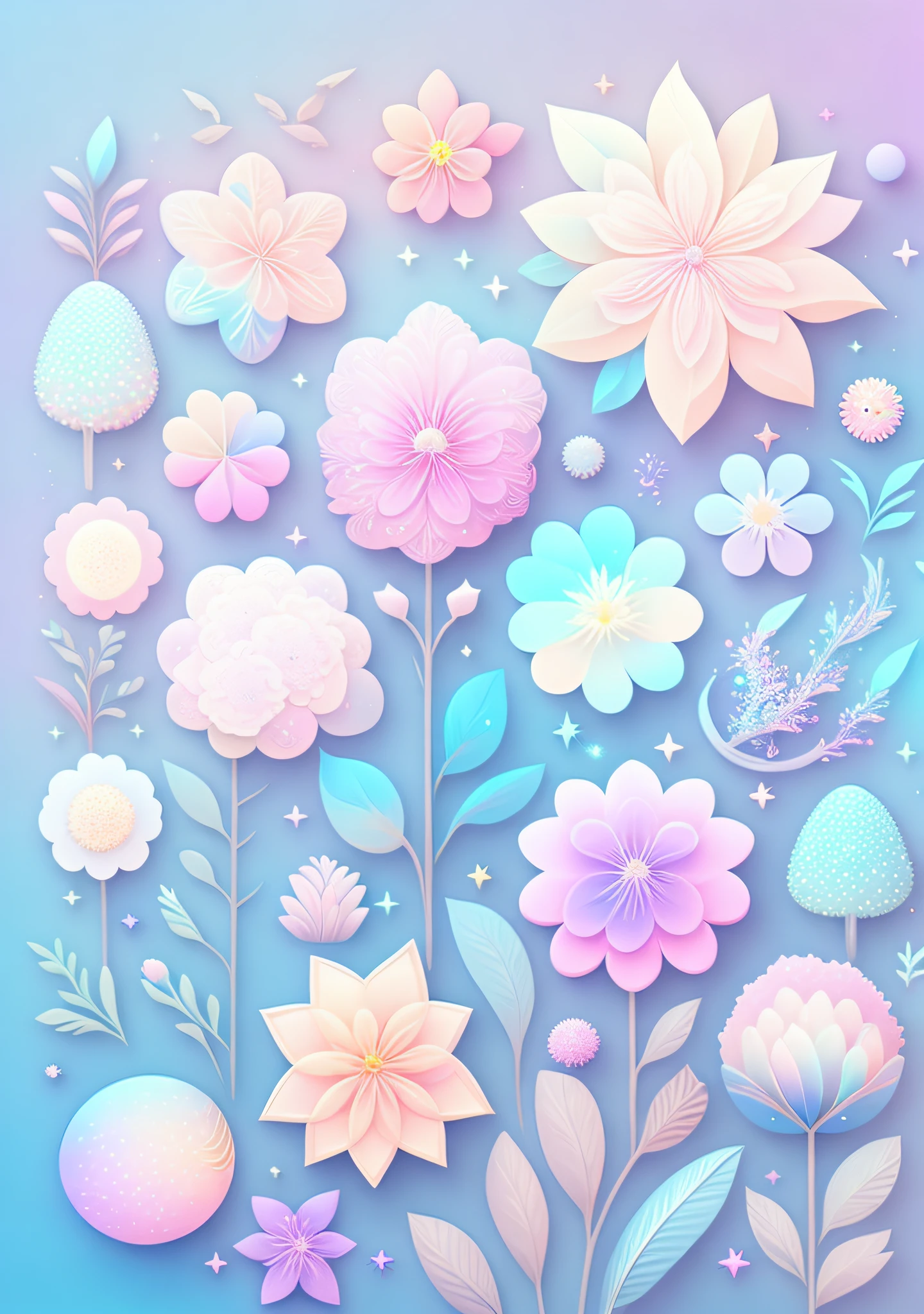 "Various flowers, cartoon illustration, sky in a gradient of pastel colors with twinkling stars. Immerse yourself in a mystical world full of magical elements (weighted at 0.9)."