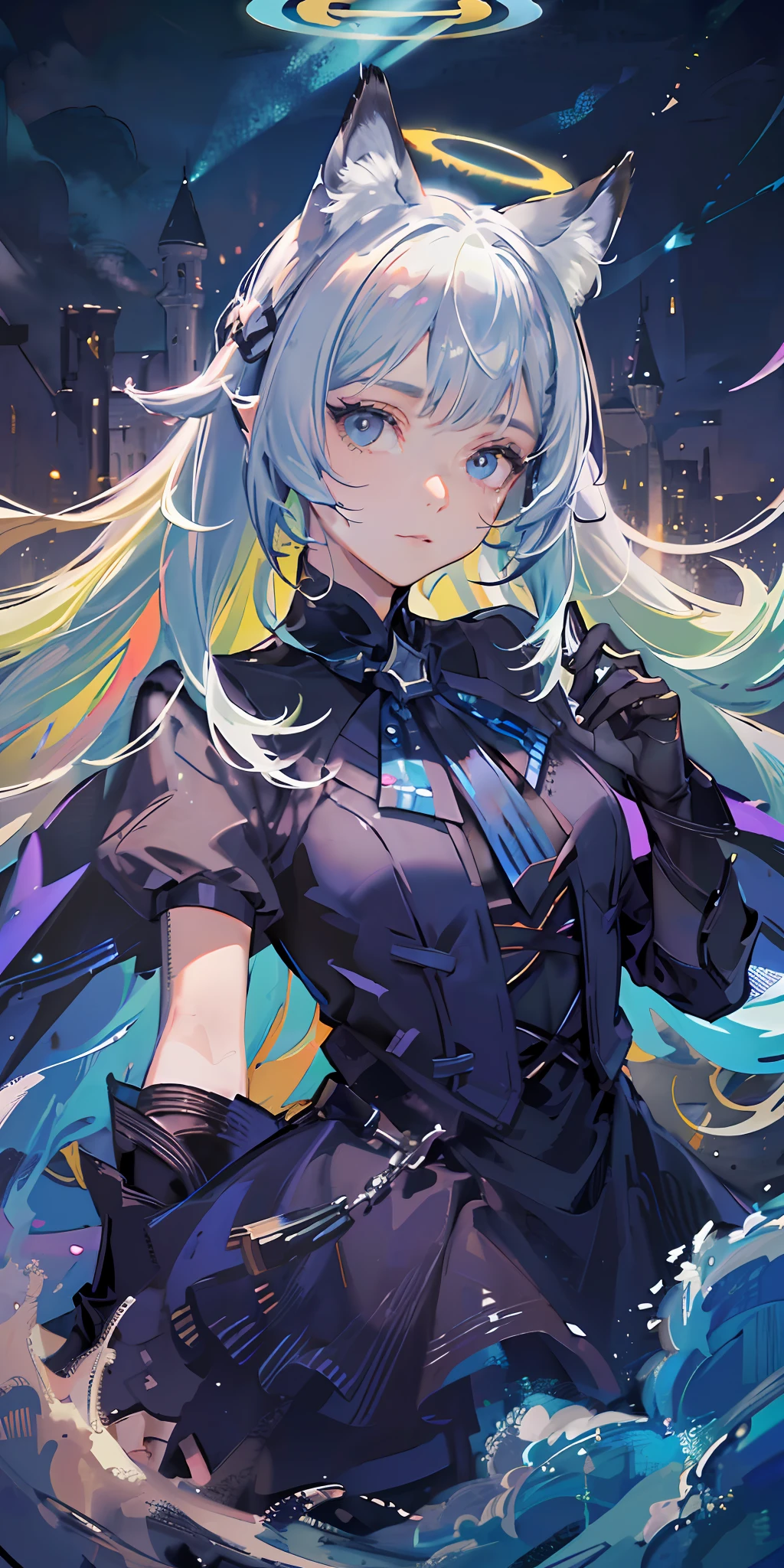 (Highest picture quality),(Master's work),(ultra-detailed),(Detailed eye description:1.0),(lens flare:1.0),(movie poster:1.0),(Tarot border:1.0),the portrait is centered,(close-up:1.0),(nagative space:0.8),(negative space:1.6),(solo),(floating colorful water magic:1.0),(many colorful vines:1.0),(floating pink blades:1.0),(water wings:1.0), (dappled sunlight,light rays,caustics:1.2), (colorful:1.0),(beautiful detailed glow:1.0),(leaning back:1.2),(grim expression:1.0),(small:1.0),(closed mouth:1.0),(eyeshadow),,(lime hair:1.4),(long hair:1.0),(facing viewer:1.3),(halo:1.3),(head tilt:1.0),(dynamic pose:1.1),(asymmetrical hair:1.2),(blue armor:1.0),(military),(layered skirt),(black eyes:1.4),blunt bangs,high twintails,,long coat,(floating cape:1.0),(fox ears, fox girl:1.1),(castle:1.4),(outdoors,outside:1.1),hair bow,,(flying:1.1),(dark skin:1.1),(upper body:1.25),,  symbol-shaped pupils, heart-shaped pupils
