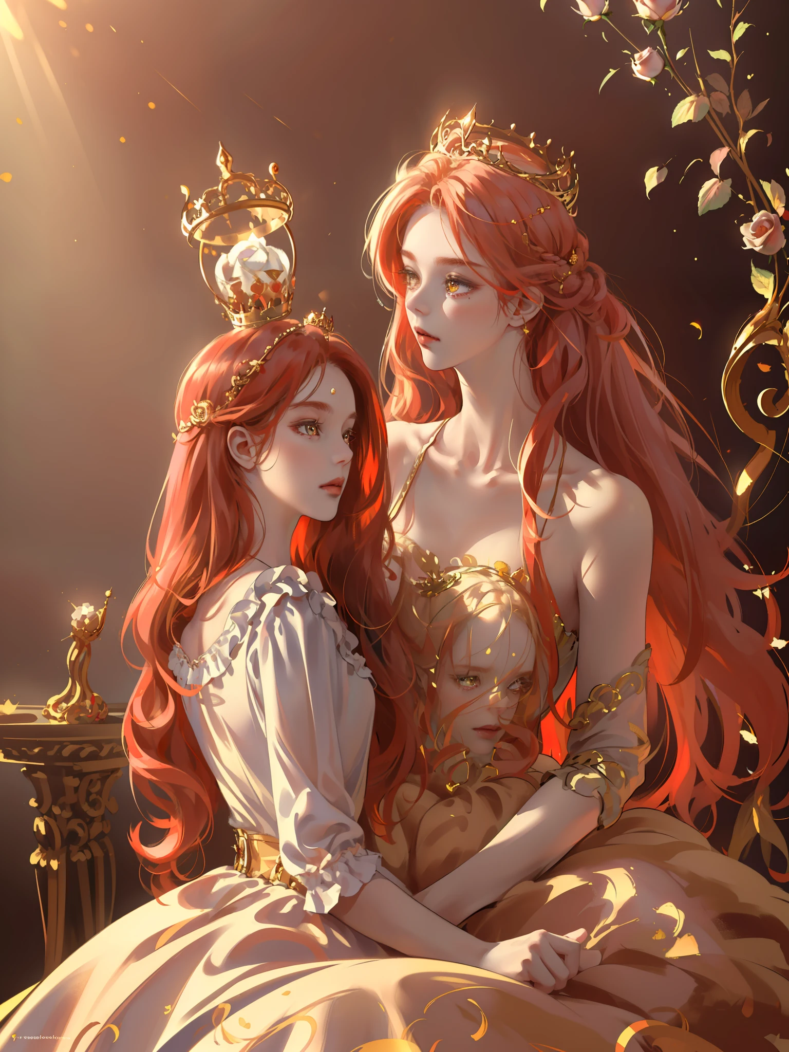 (((Masterpiece)), high quality, super detailed, red hair + golden clothing: 1.2, sweet and delicate girl, delicate facial features, perfect body, Lolita, crown, face with decoration, rose, bright bright colors, pearl white background, romantic long hair, natural light, warm and sweet, golden eyes, gorgeous hair decoration.