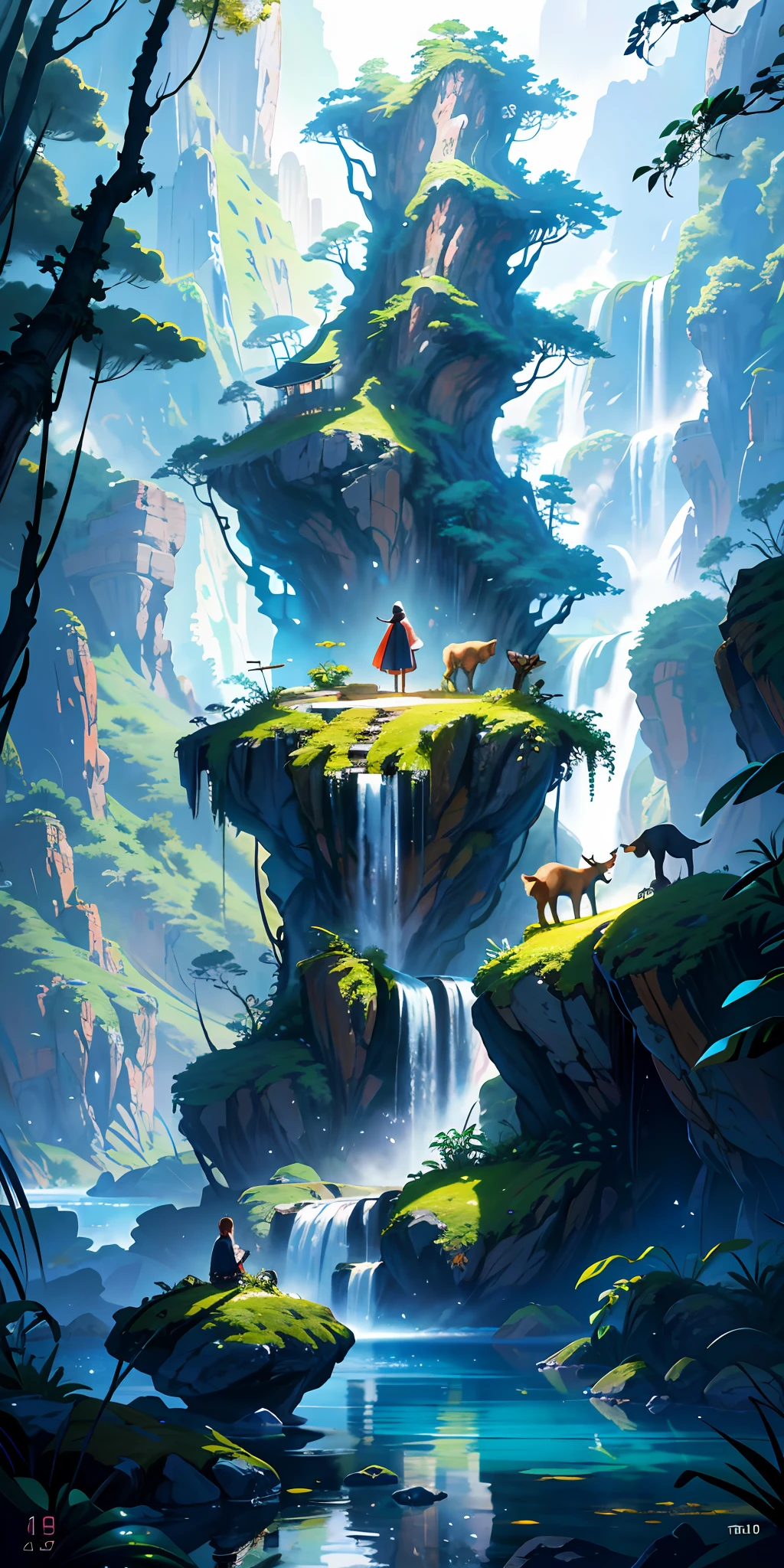 Chinese ancient times, spring, jungle, lake, cave, waterfall, tree, meadow, rock, deer, hot spring, water vapor, 1 girl looking at the scene, (illustration: 1.0), epic composition, realistic lighting,Detailed,Realistic,4k highly detailed digital art,octane render, bioluminescent, BREAK 8K resolution concept art, realism,by Mappa studios,masterpiece,best quality,official art,illustration,ligne claire,(cool_color),perfect composition,absurdres, fantasy,focused,rule of thirds,