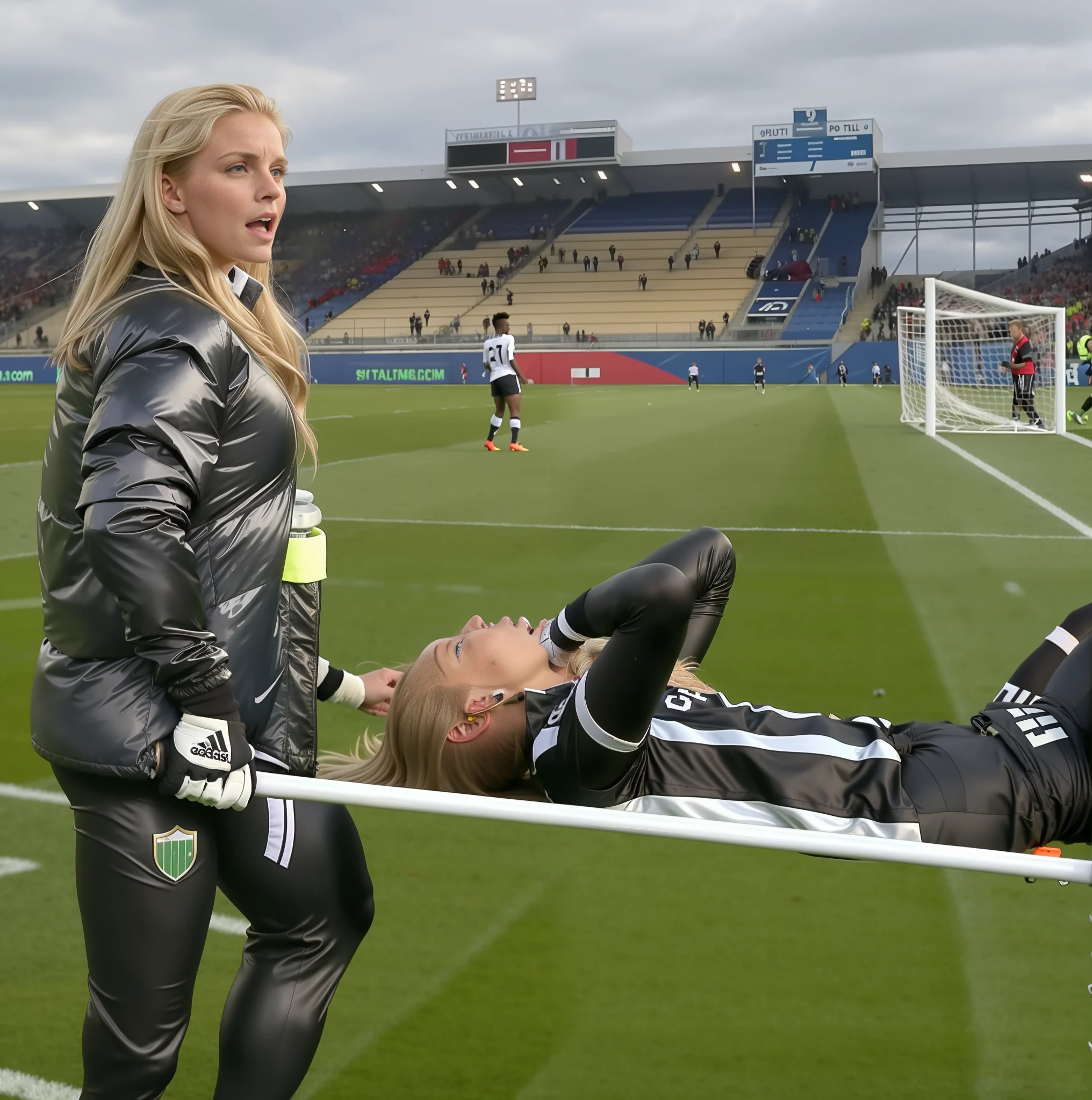 black and white down jacket, shiny down jacket, a blond longhaired woman is wearing a very high-gloss and waterproof puffy jacket and shiny leather pqants, the woman is carrying a stretcher in a sports stadium, on the stretcher lies a young Caucasian football player, the football player is wearing a white short-sleeved shirt and black shorts, the soccer player is lying on his back on the stretcher and is covering his face with both hands, the woman is angry and shouts out loud, the woman is frightened and looks very concerned, the woman is loving the soccer player and is sending enormous amorous looks to him, the woman is carrying the stretcher out of the soccer field, the sports field in the background is a soccer field with a large visitors' stand, a soccer match is playing in the background, the sports field in the background is a soccer field with a large visitors' stand, a soccer match is playing in the background, dramatic action pose, dramatic suffering pose, accident scene, first-aid-scene, theatralic pity poses