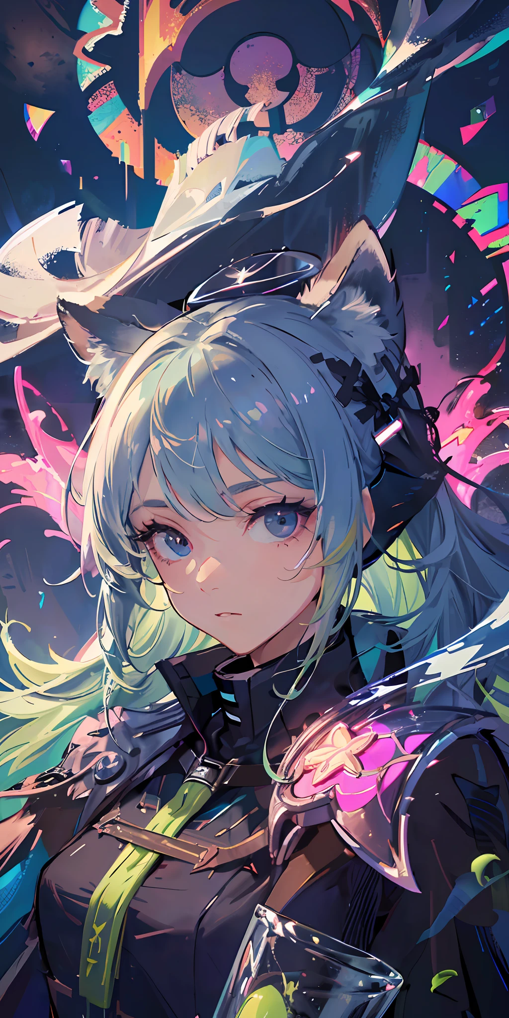 (Highest picture quality), (focus eyes details:1.3) ,(city background),(whole body shot), (Master's work),(ultra-detailed),(Detailed eye description:1.0),(lens flare:1.0),(movie poster:1.0),(Tarot border:1.0),the portrait is centered,(close-up:1.0),(nagative space:0.8),(negative space:1.6),(solo),(floating colorful water magic:1.0),(many colorful vines:1.0),(floating pink blades:1.0),(water wings:1.0), (dappled sunlight,light rays,caustics:1.2), (colorful:1.0),(beautiful detailed glow:1.0),(leaning back:1.2),(grim expression:1.0),(small:1.0),(closed mouth:1.0),(eyeshadow),,(lime hair:1.4),(long hair:1.0),(facing viewer:1.3),(halo:1.3),(head tilt:1.0),(dynamic pose:1.1),(asymmetrical hair:1.2),(blue armor:1.0),(military),(layered skirt),(black eyes:1.4),blunt bangs,high twintails,,long coat,(floating cape:1.0),(fox ears, fox girl:1.1),(castle:1.4),(outdoors,outside:1.1),hair bow,,(flying:1.1),(dark skin:1.1),(upper body:1.25),, symbol-shaped pupils, heart-shaped pupils