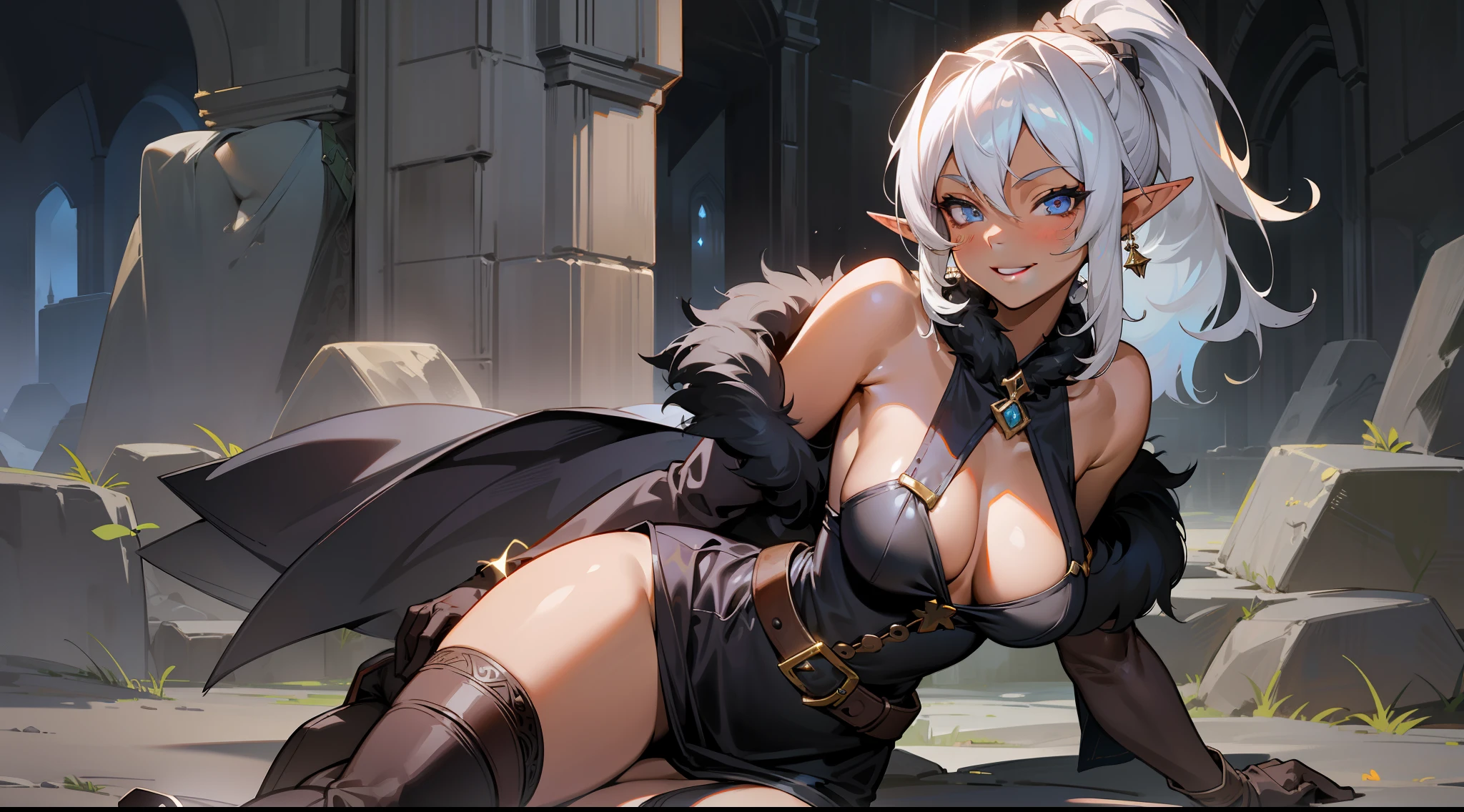 masterpiece, best quality, mature woman, elf, dark skin, gray hair, ponytail, smiling, beautiful breasts, exposed thighs, short black dress, exposed shoulders, belt, fur gloves, thigh-high boots, dynamic pose, in a stone dungeon, dark, dark, night setting, moon, fantasy, medieval, well detailed glow.