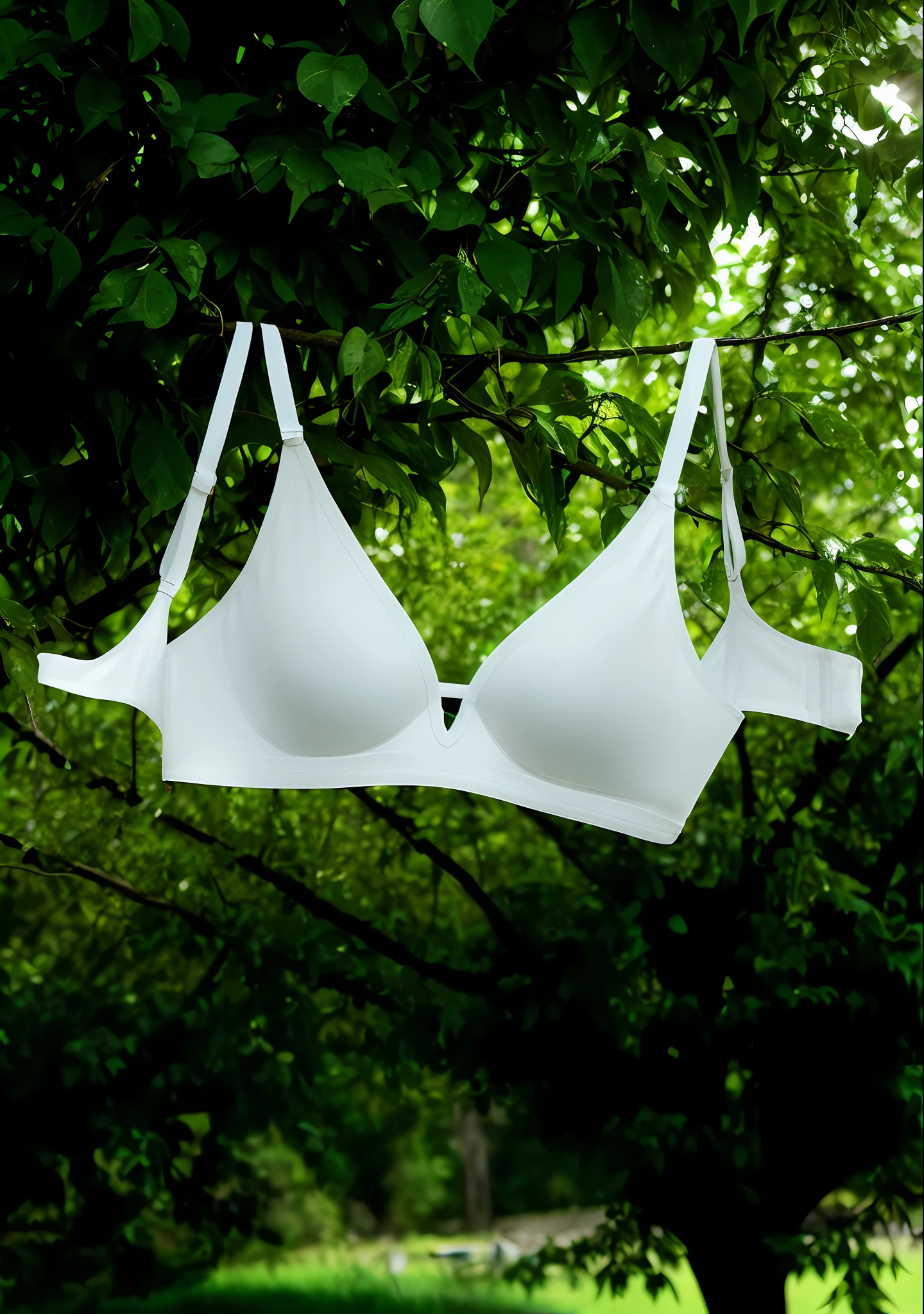 Close up of white bra on branches, white bra, full length view. White bikini, bra, sunlight refracted from behind, summer feeling